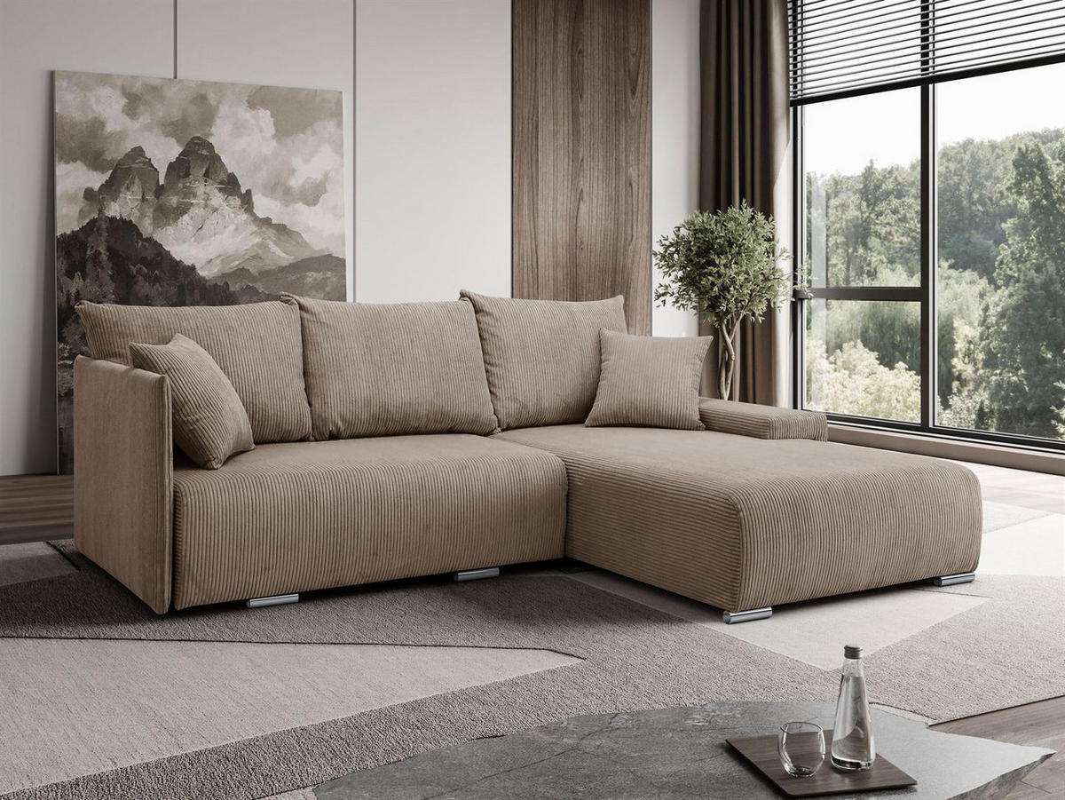 ECKSOFA Lauren L- Form 246 x 188 cm, 4 Sitzer, Bettzeugablage, Sofa, Eckcouch, Cord, rechte Seite, hellbraun - Hellbraun, Kunststoff (246/188cm) - Margaret Hadas24