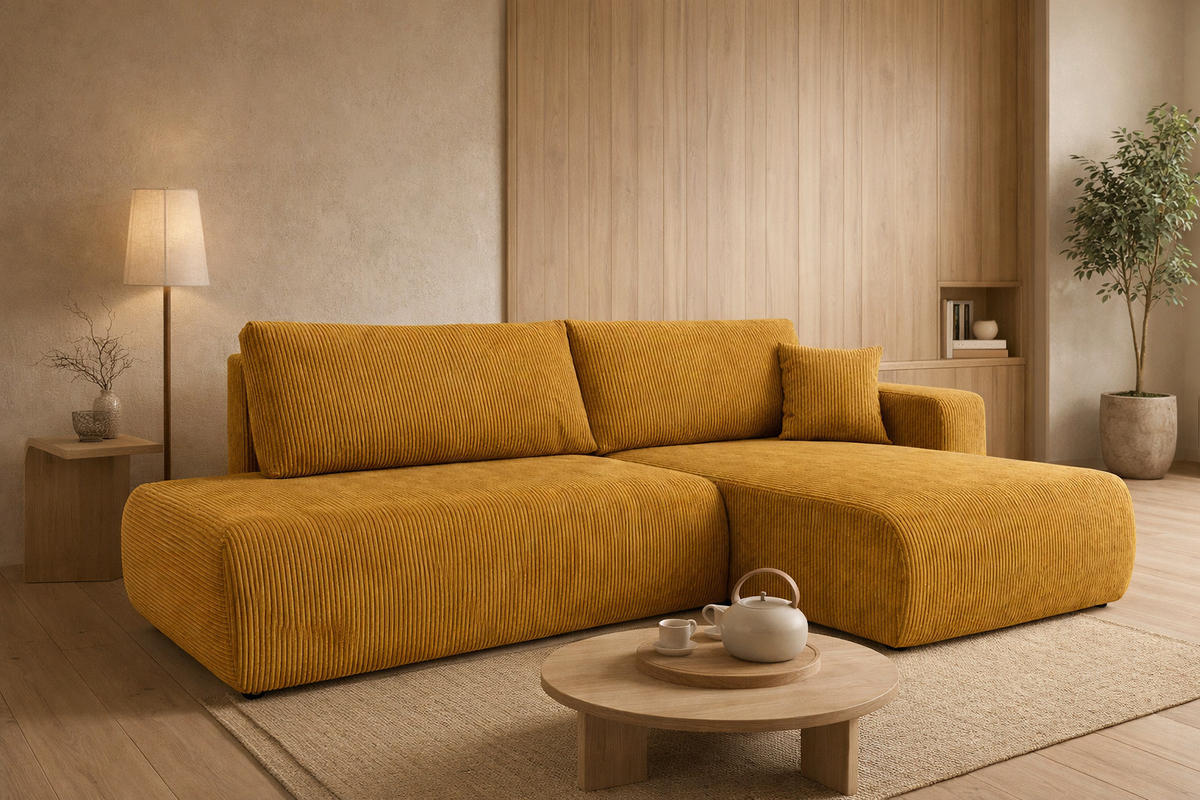 ECKSOFA Mit Schlaffunktion Und Bettkasten, Cordstoff Poso, Senffarbe, Rechts, OPEN XL - Gelb, Holz (262/145cm) - Kaiser Möbel