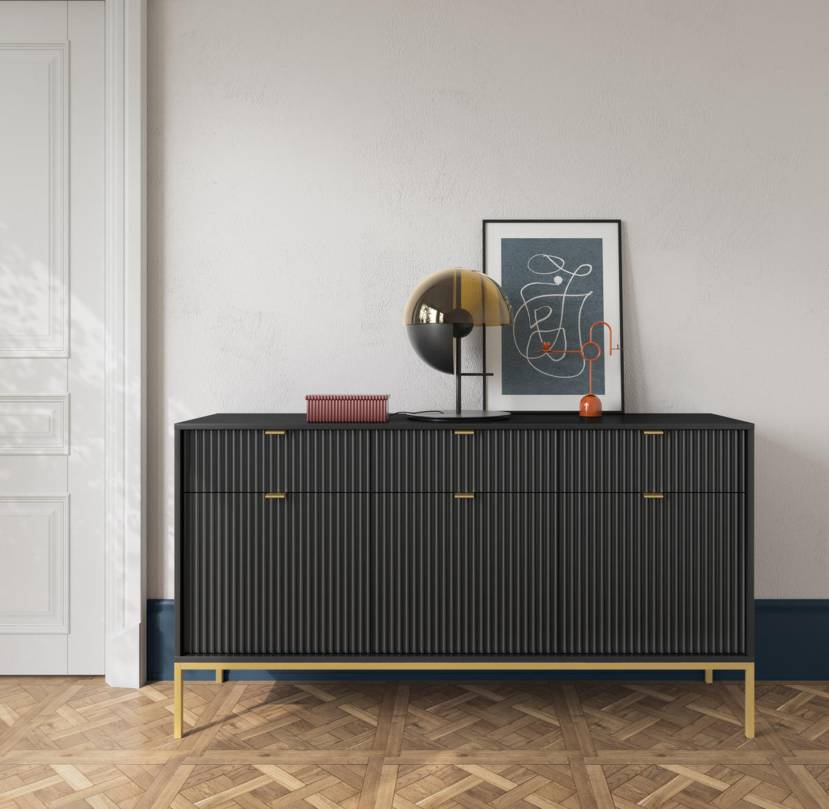 KOMMODE NOVA - KSZ154, Geriffelte Fronten, goldene Griffe 154x39x83 cm Schwarz - Goldfarben/Schwarz, Holzwerkstoff/Kunststoff (154/83/39cm) - DomoHome