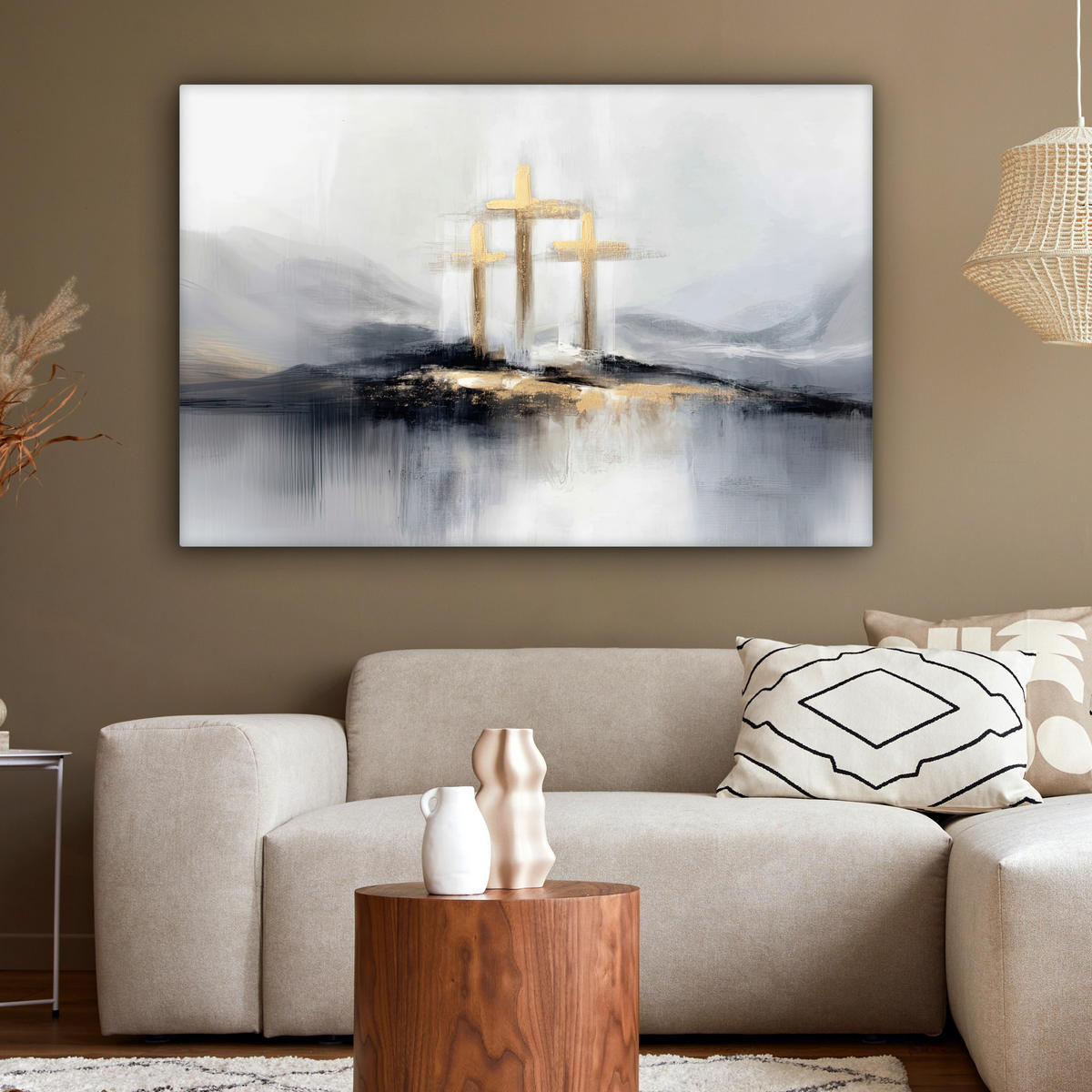 LEINWANDBILD Abstrakt - Malerei - Christentum - Kreuz Groß 140x90 cm - Weiß, Textil (140/90cm) - MuchoWow