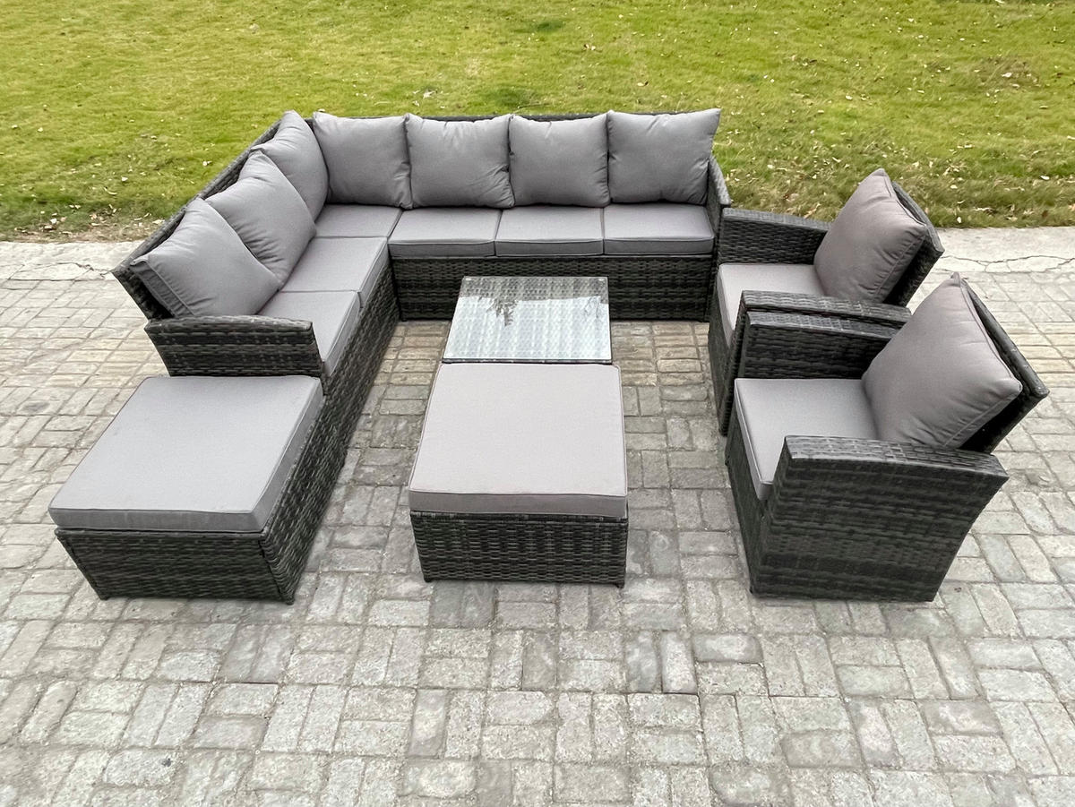 GARTENGARNITUR mit Ecksof,Couchtisch,2 Fußhocker Polyrattan Dunkelgrau 10-Sitzer - Dunkelgrau/Grau, Glas/Kunststoff - Fimous