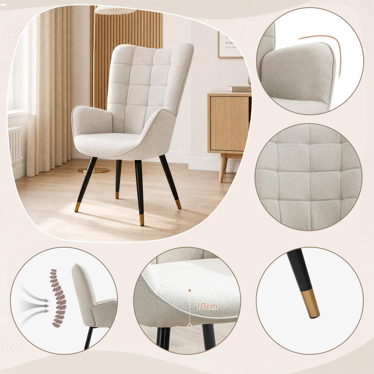 RELAXSESSEL aus Stoff im skandinavischen Stil, gepolsterte Sitzfläche mit Armlehnen, schwarze und goldene Metallbeine in Beige - Beige, Textil/Metall (50/106/68cm) - Meubles Cosy