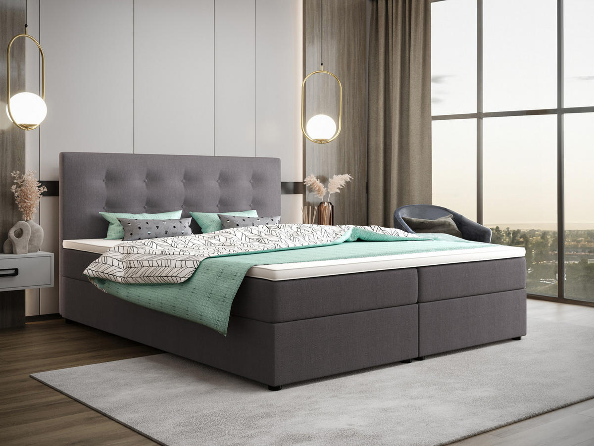 BOXBETT FADO 1 mit Matratze H3 und Topper 160x200 Cosmic 160 - Grau, Holz/Textil (160/200cm) - Bedante