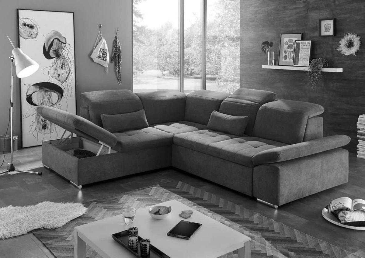 ECKSOFA mit Schlaffunktion mit Bettkasten und verstellbaren Kopf- und Rückenlehnen - Chromfarben/Blau, Textil (240/276cm) - ed exciting design