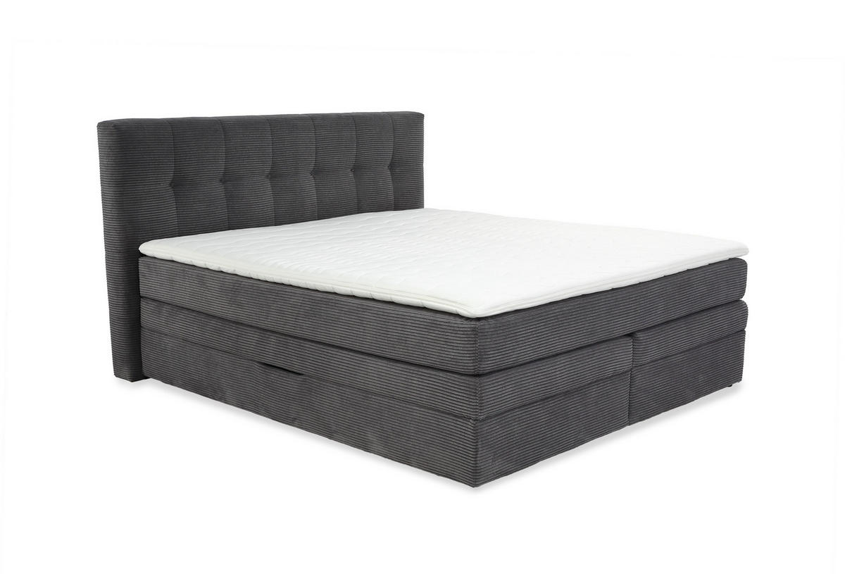 BOXSPRINGBETT 180x200 cm, 7-Zonen-Tonnentaschen-Federkernmatratzen H3, Topper, Bonell-Federkern, 2 Bettkästen, Cord Grau Anthrazit / 20038 - Anthrazit/Schwarz, Kunststoff/Textil (180/200cm) - luma-home