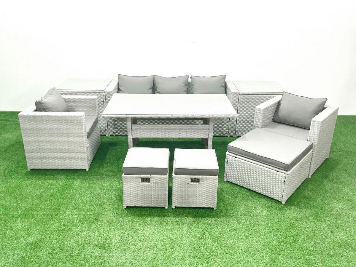 GARTENMÖBEL SET mit Sofa,3 Hockern,2 Beistelltischen Polyrattan Hellgrau 8-Sitzer - Hellgrau/Grau, Glas/Kunststoff - Fimous