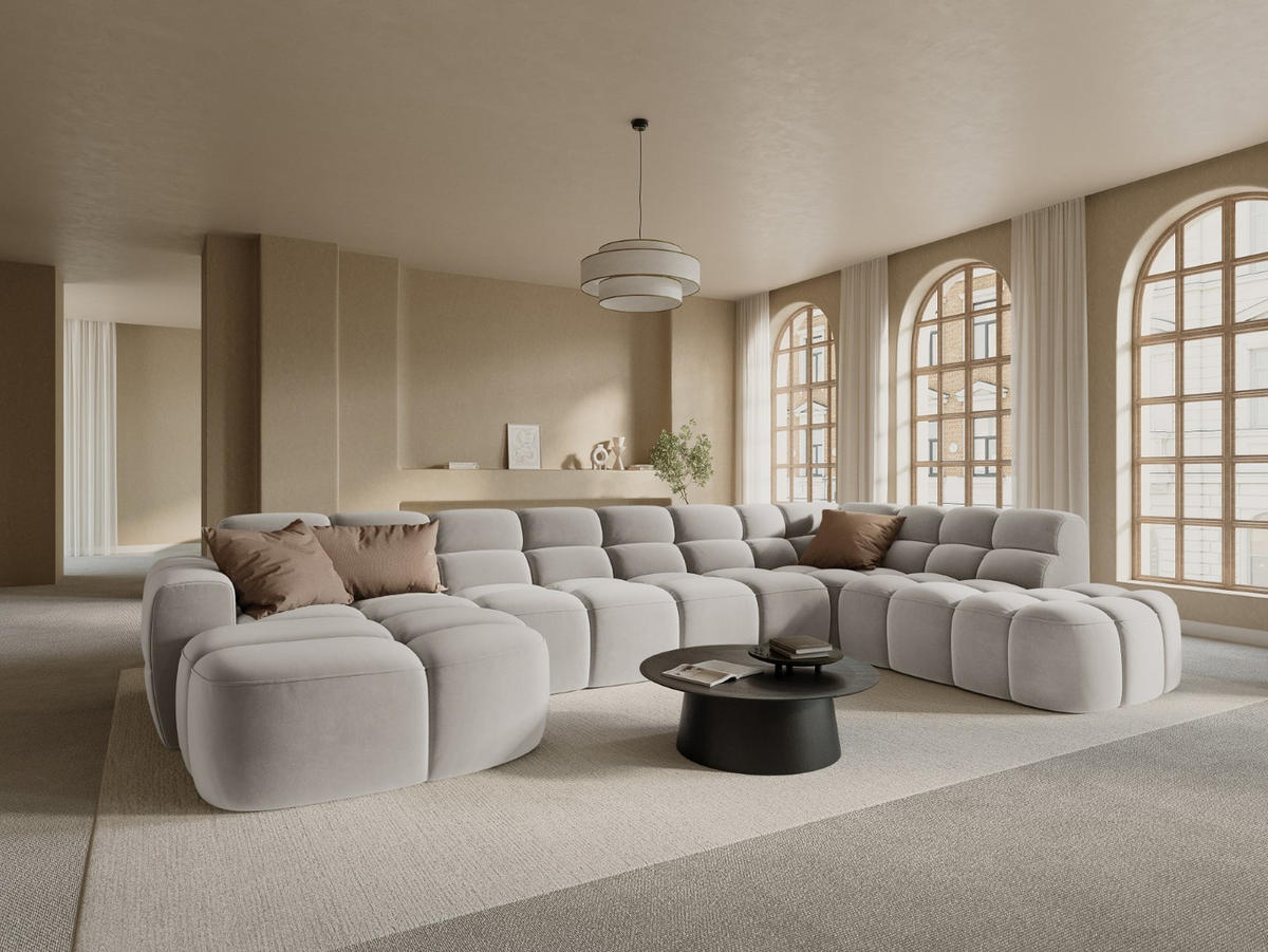 PANORAMASOFA rechts Lisa aus Samt leichtes beige 7 Sitzplätze - Creme, Textil (234/77/387cm) - Micadoni