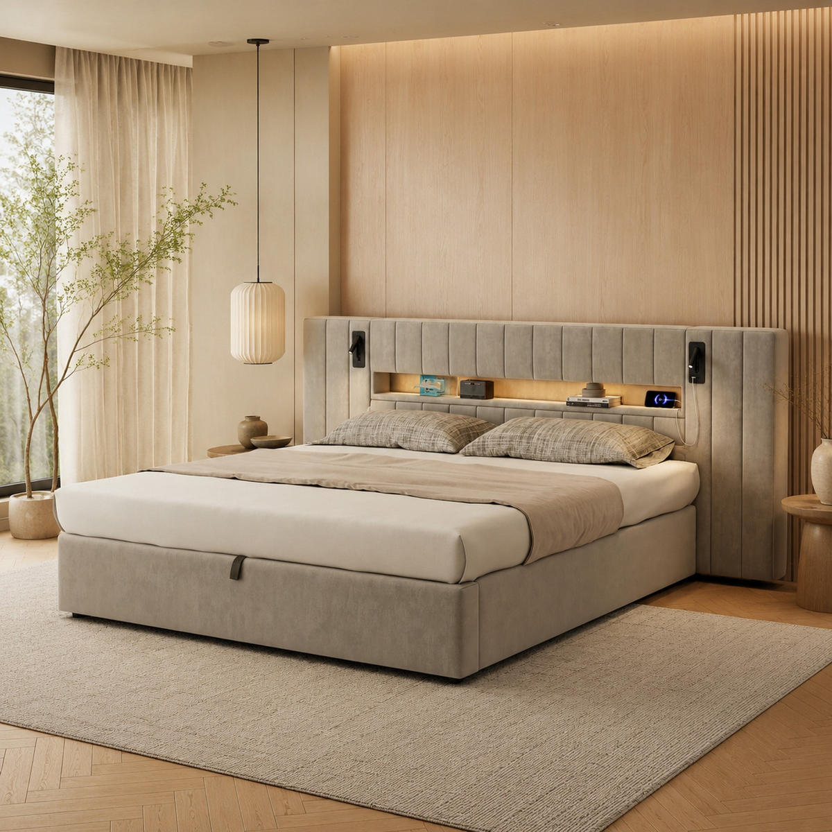 POLSTERBETT 180/200 mit Bettkasten, LED und USB in Grau - Grau, Holzwerkstoff/Textil (180/200cm) - EVRYAE