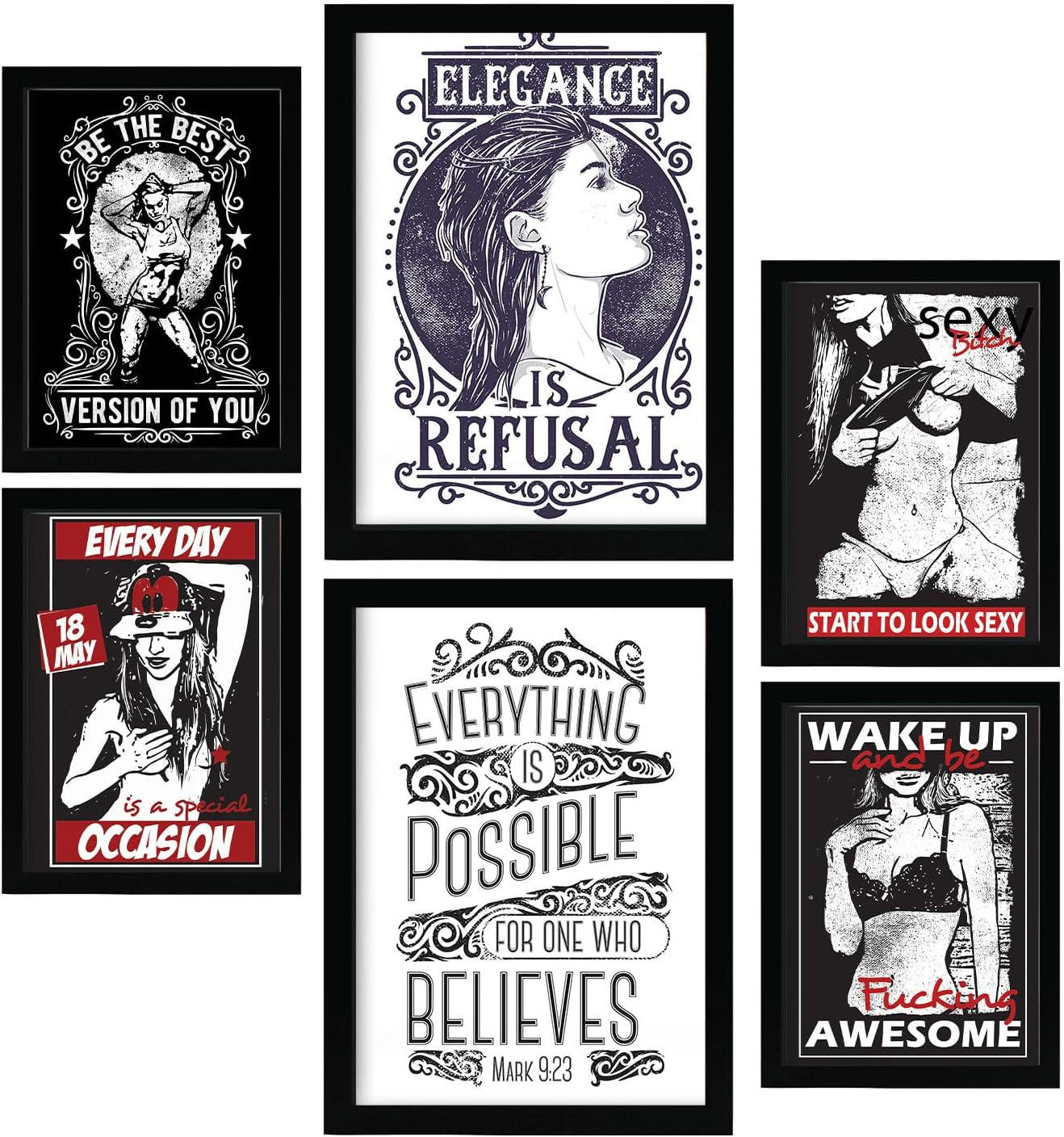 POSTER Set Mit 6 Frau In Rustikale Zitate A3 & A4 Rahmen Aus Hellem Holz - Beige, Papier (29/3cm) - Nacnic