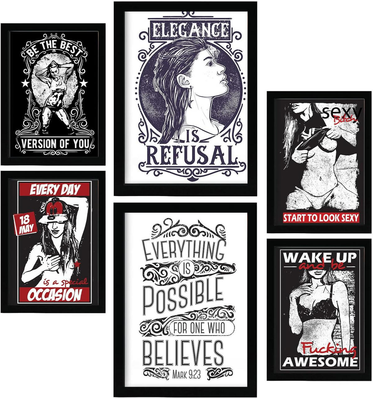 POSTER Set Mit 6 Frau In Rustikale Zitate A3 & A4 Rahmen Aus Hellem Holz - Beige, Papier (29/3cm) - Nacnic