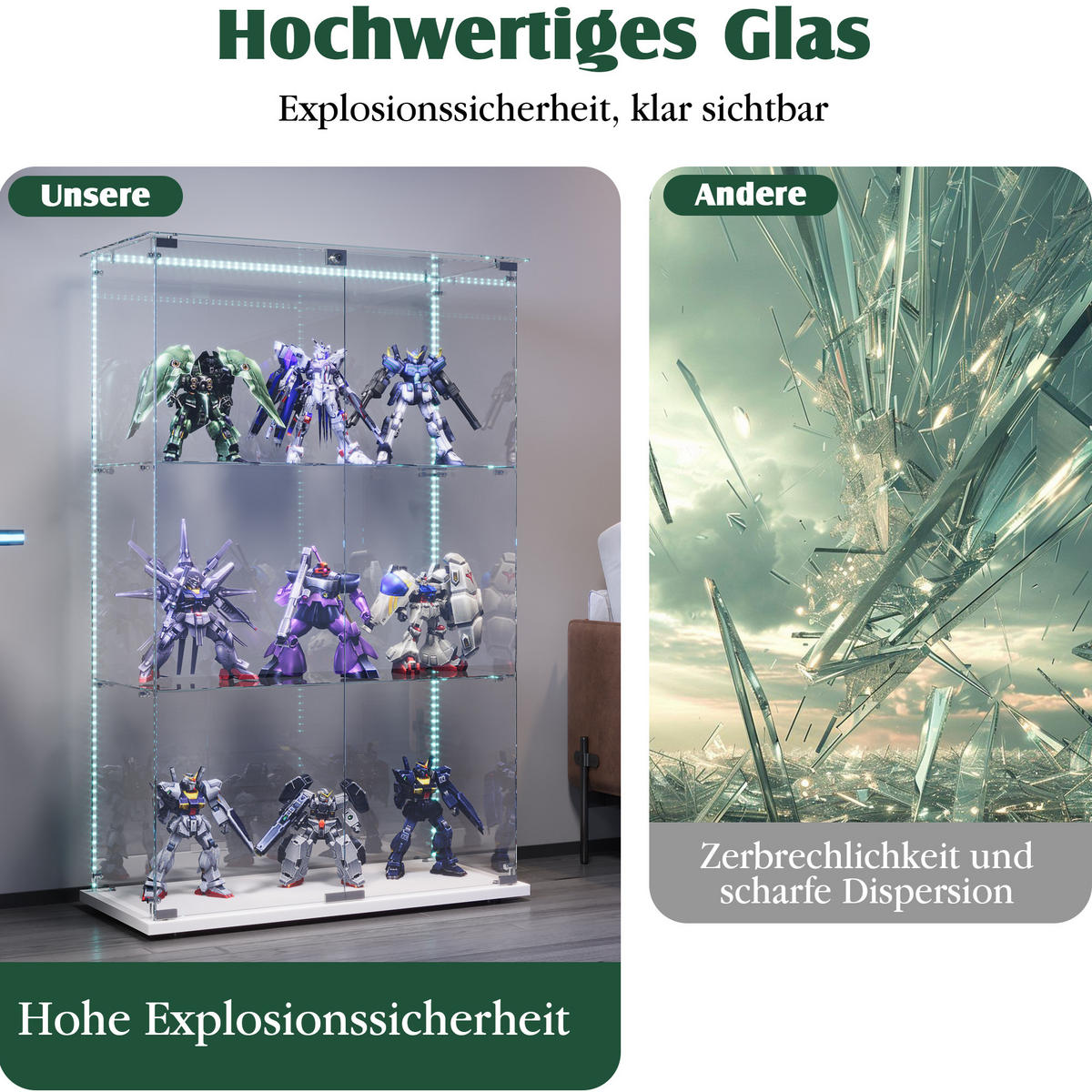 GLASVITRINE, stehend mit 3 Einlegeböden, LED-Lichtleiste, Doppeltür mit Sicherheitsschloss in Weiß - Weiß, Glas (35/123.3/78.5cm) - BRILVERDE