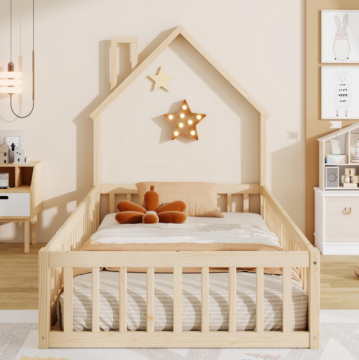 HAUSBETT 90/200 cm aus Kiefernholz mit Sicherheitsgitter und Schornsteinform - Naturfarben, Holzwerkstoff (90/200cm) - Flora Grace