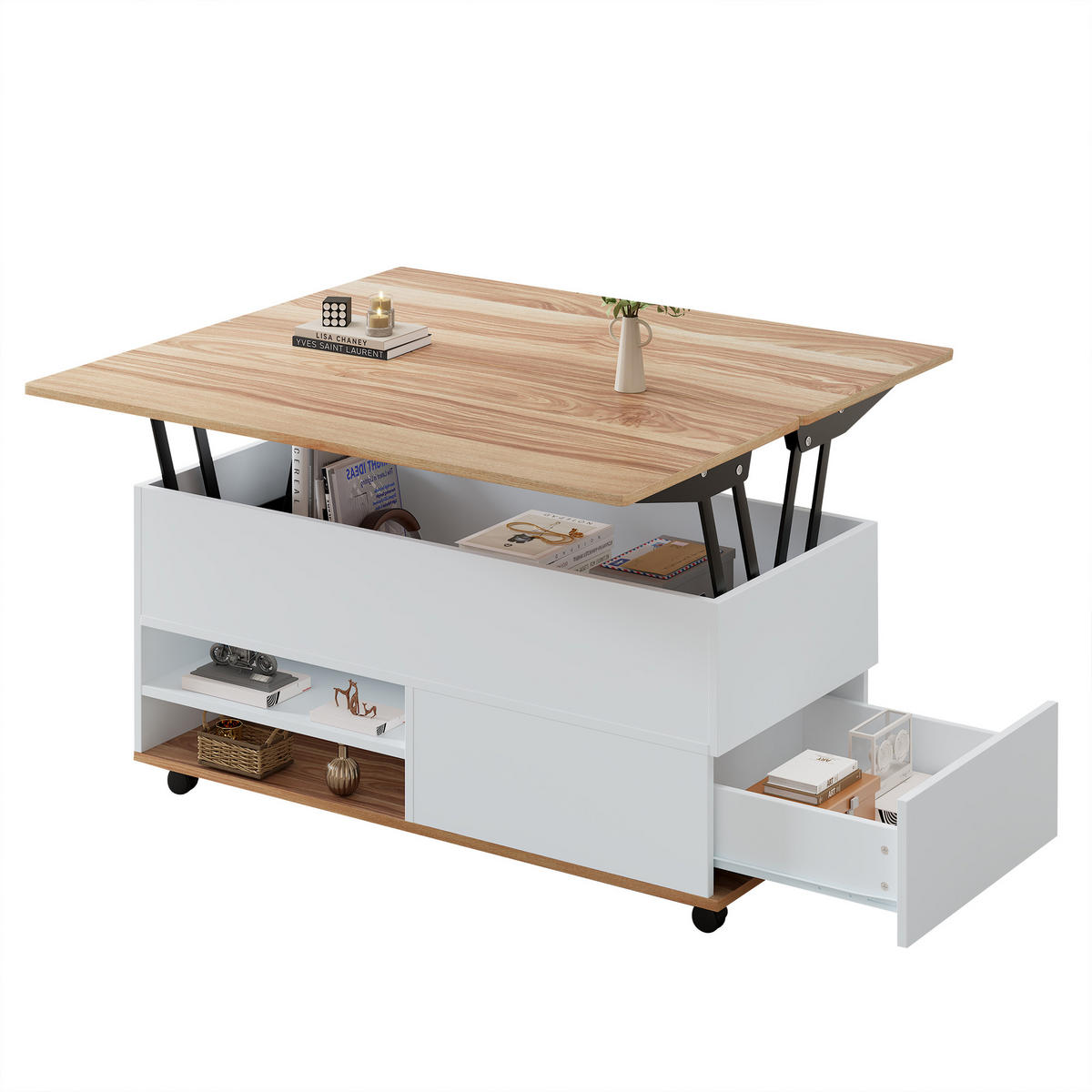 COUCHTISCH Weiß-Naturholzoptik mit Hydraulikfunktion, Stauraum und lenkbaren Rollen 100 × 98 × 65 cm - Naturfarben, Holzwerkstoff (98/100/65cm) - Luhomfu