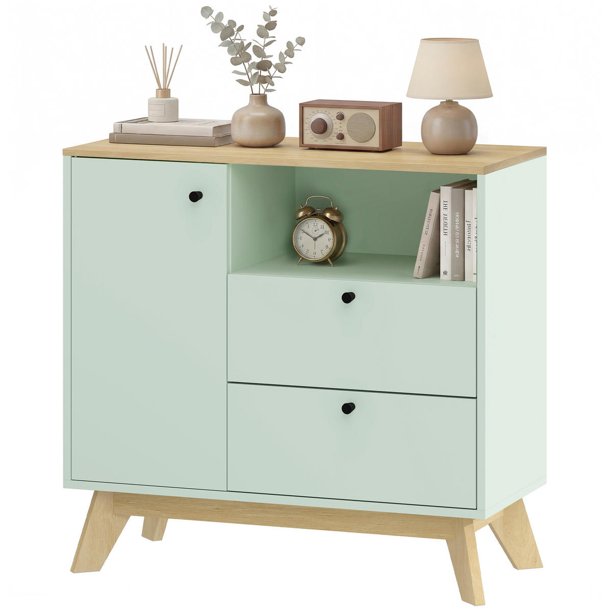 SIDEBOARD Hellgrün und Eiche-Nachbildung, 1 Tür, 2 Schubladen, 80/35/76,3 cm - Hellgrün, Holz (80/76.3/35cm) - PANGIVO