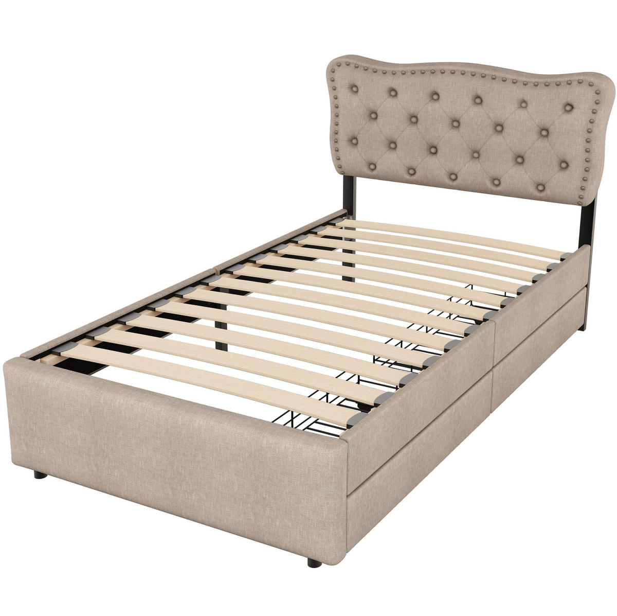 POLSTERBETT 90/200 cm dunkelbeige mit Schubladen und dekorativen Nieten - Beige, Textil (90/200cm) - OKWISH