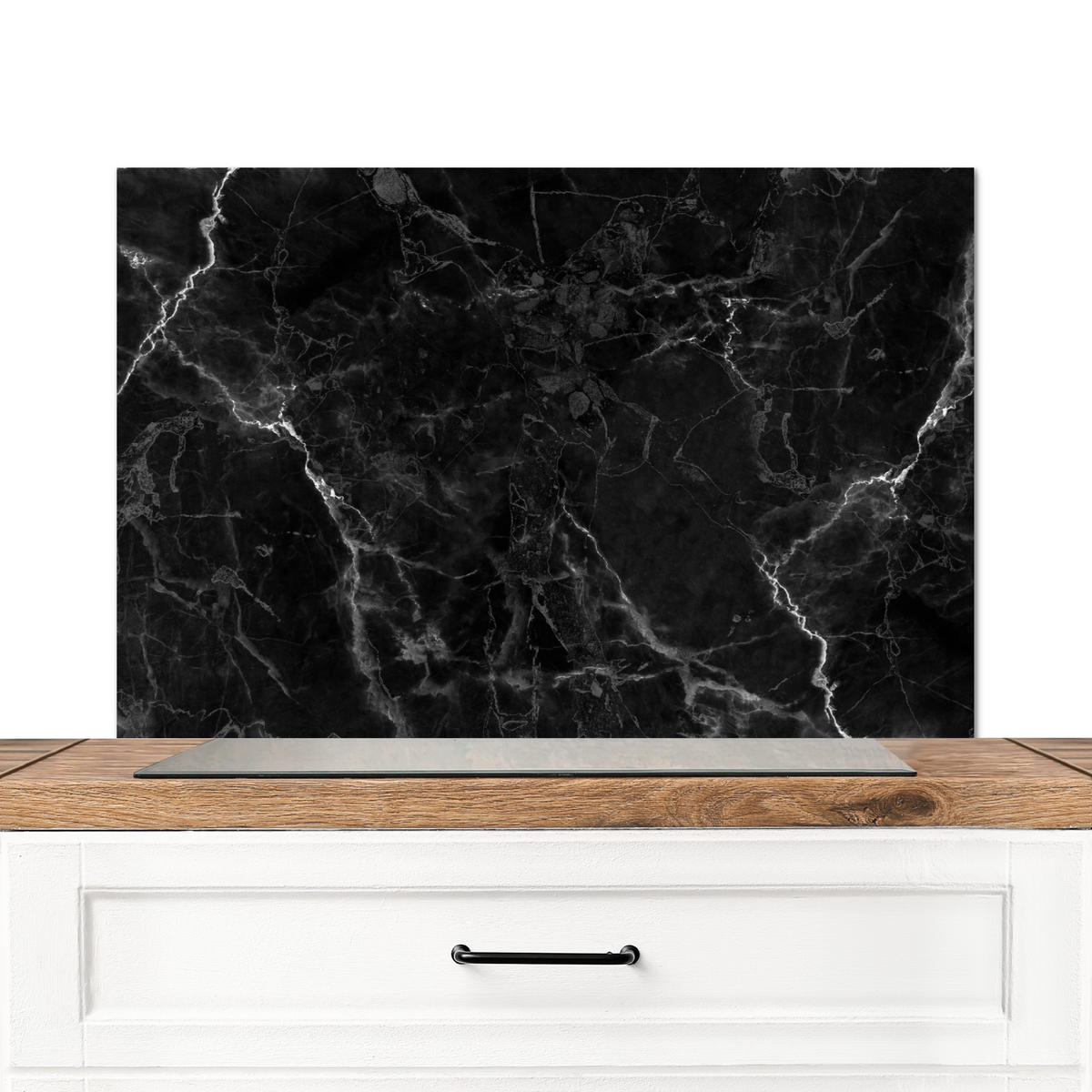 SPRITZSCHUTZ KÜCHE Marmor - Schwarz - Weiß - Textur - Marmoroptik 90x60 cm - Silberfarben, Metall (90/0.3/60cm) - MuchoWow