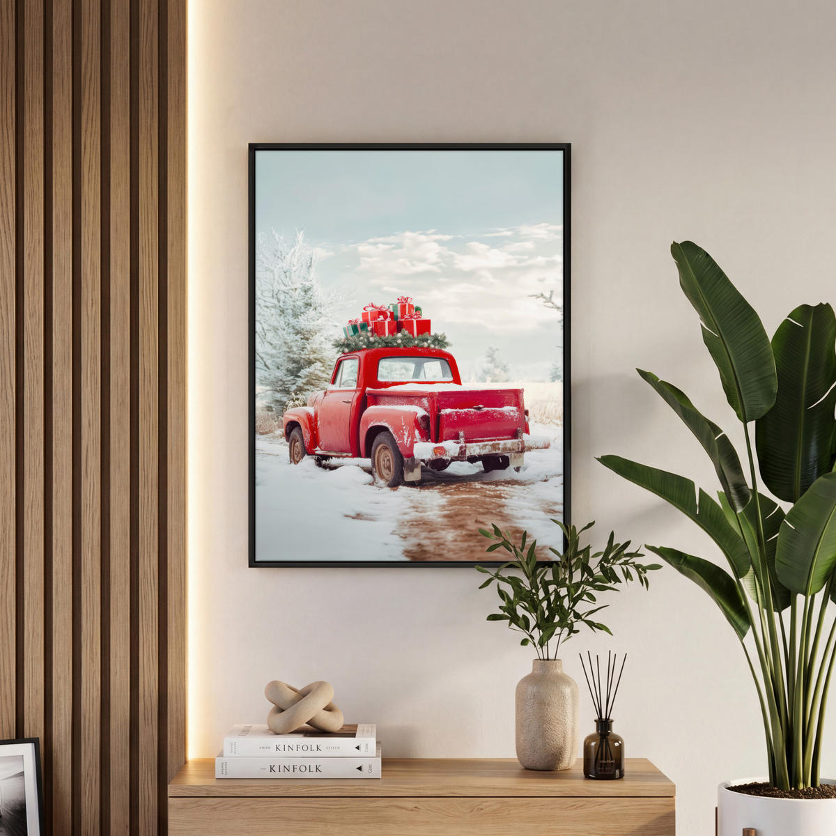 LEINWAND Bilder mit Rahmen - Auto - Rot - Geschenke - Winter - Schnee - Weihnachten - 60x80 - Rot, Textil (60/80cm) - MuchoWow