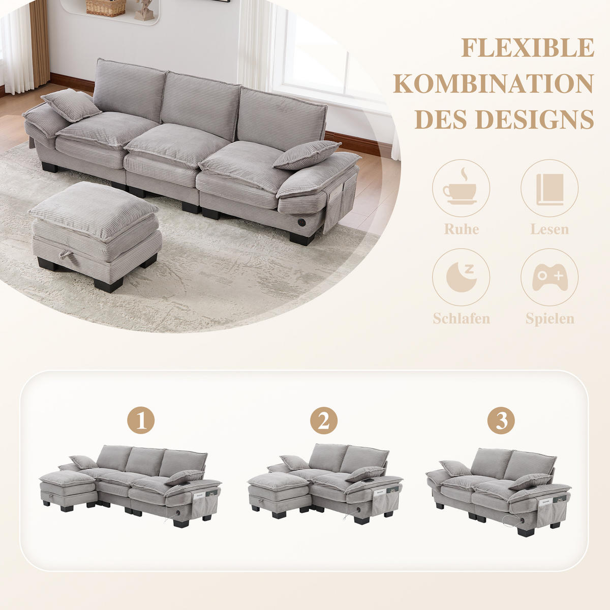 3-SITZER SOFA Cord Hellgrau mit USB-C, Seitentaschen und Hocker - Hellgrau, Holzwerkstoff/Kunststoff (260/132cm) - WISHDOR