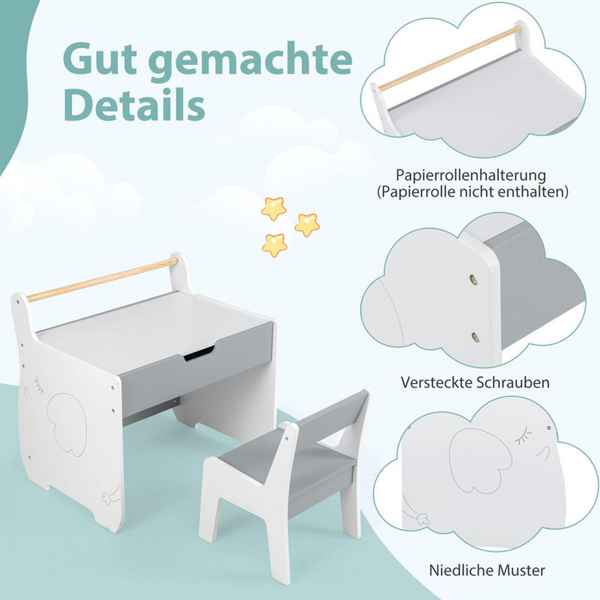 KINDERTISCH mit Stuhl grau(2-tlg) - Grau, Holzwerkstoff (61.5/59/47cm) - COSTWAY