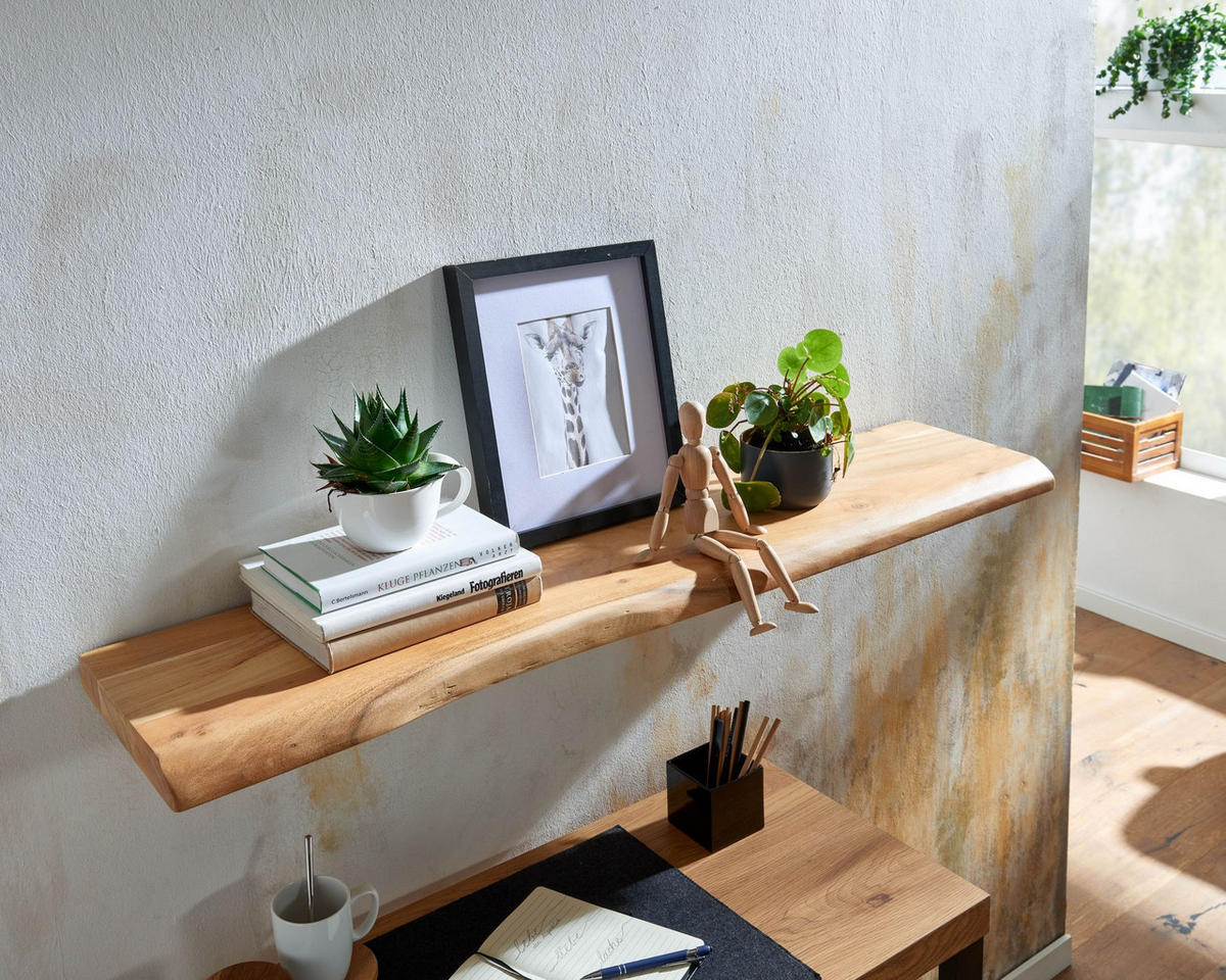 WANDREGAL Akazienholz Baumkante Rustikal, Beige 120x26x4 cm - Beige, Holz (120/4/26cm) - KADIMA DESIGN