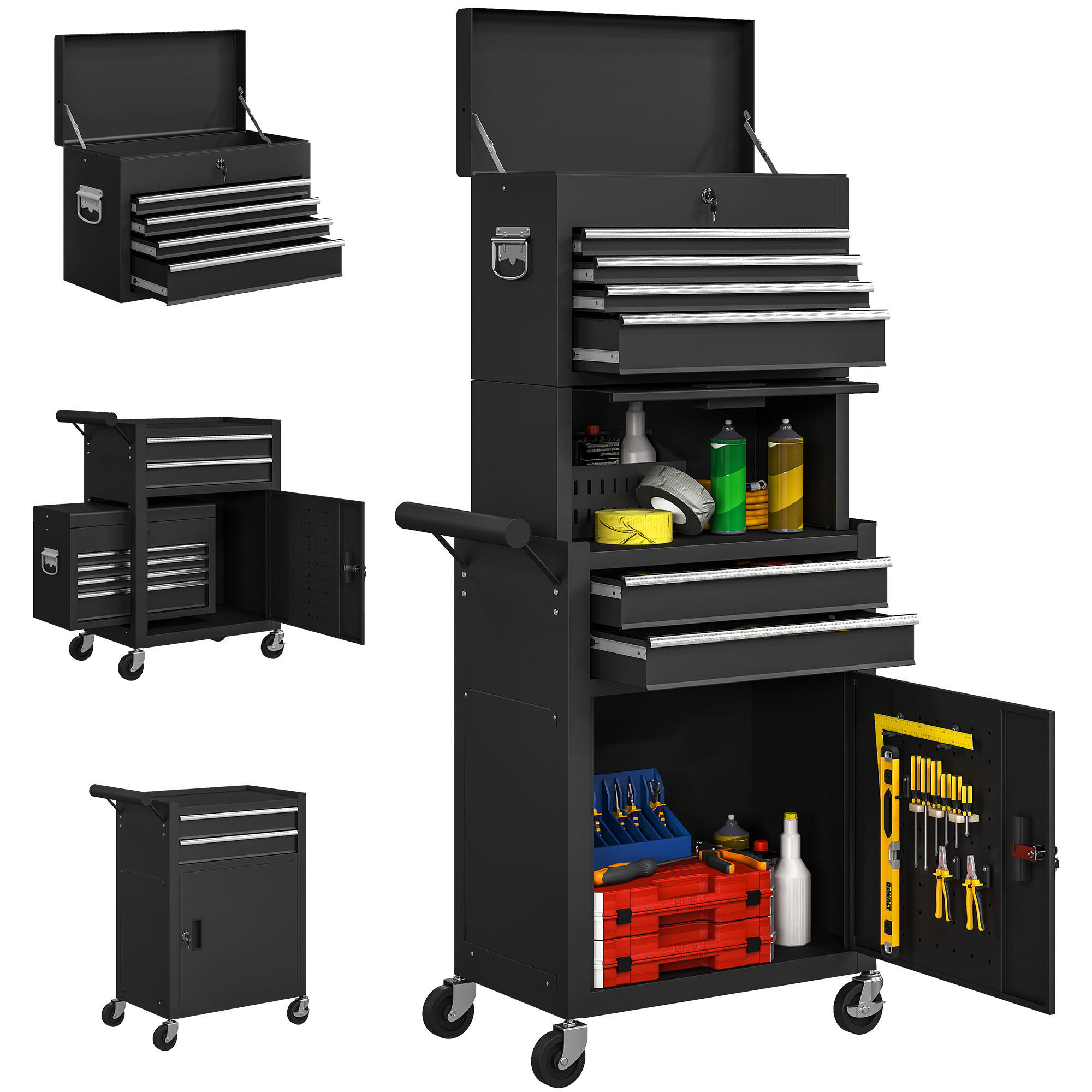 WERKZEUGSCHRANK DE-18981 6 Schubladen, 3-in-1 mit Lochwand Schwarz - Schwarz, Metall (33.5/131/60.5cm) - ComfortXL