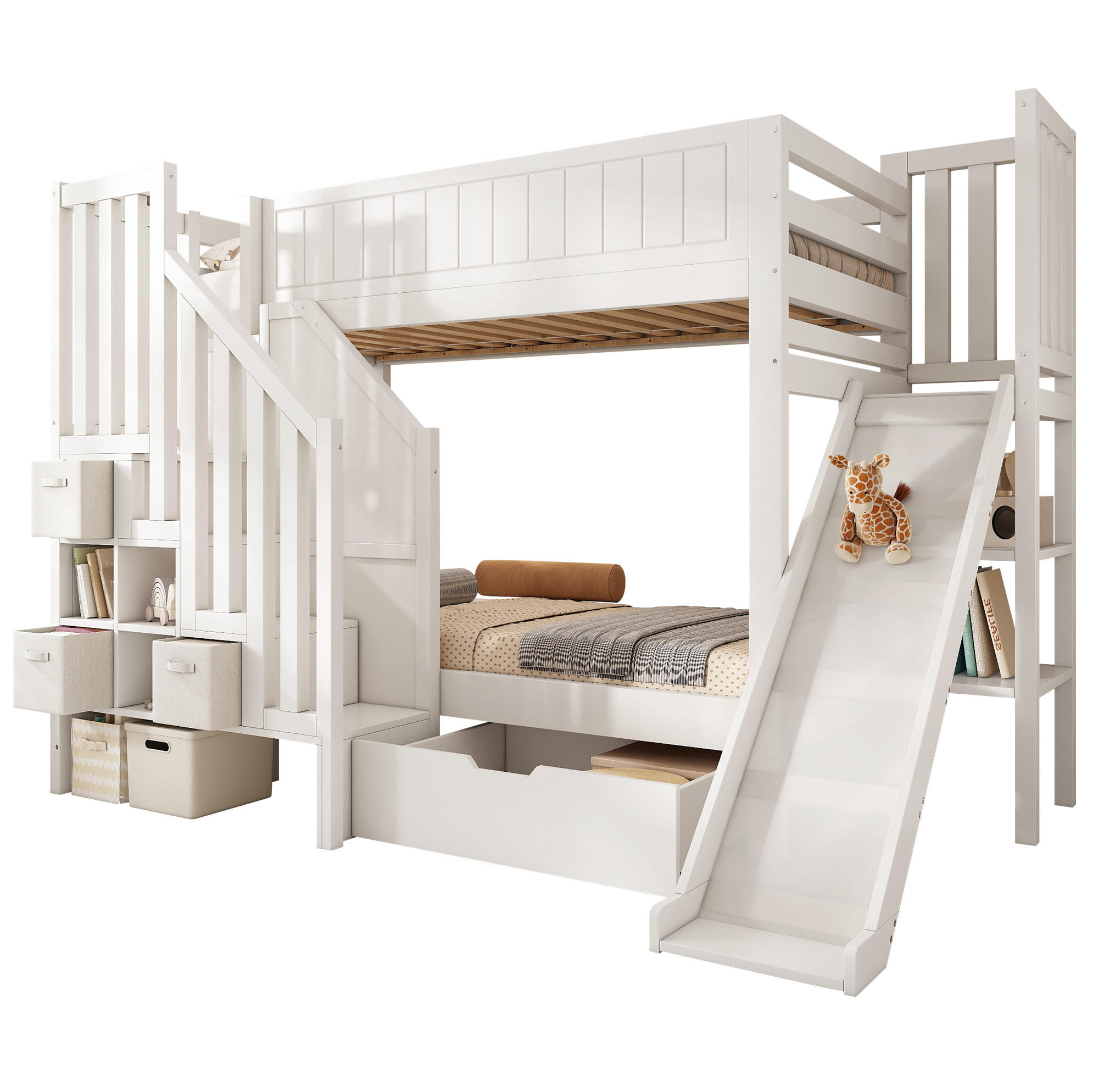 ETAGENBETT 160/200 cm weiß aus Holz mit Rutsche und Stauraum - Weiß, Holzwerkstoff (90/200cm) - OKWISH