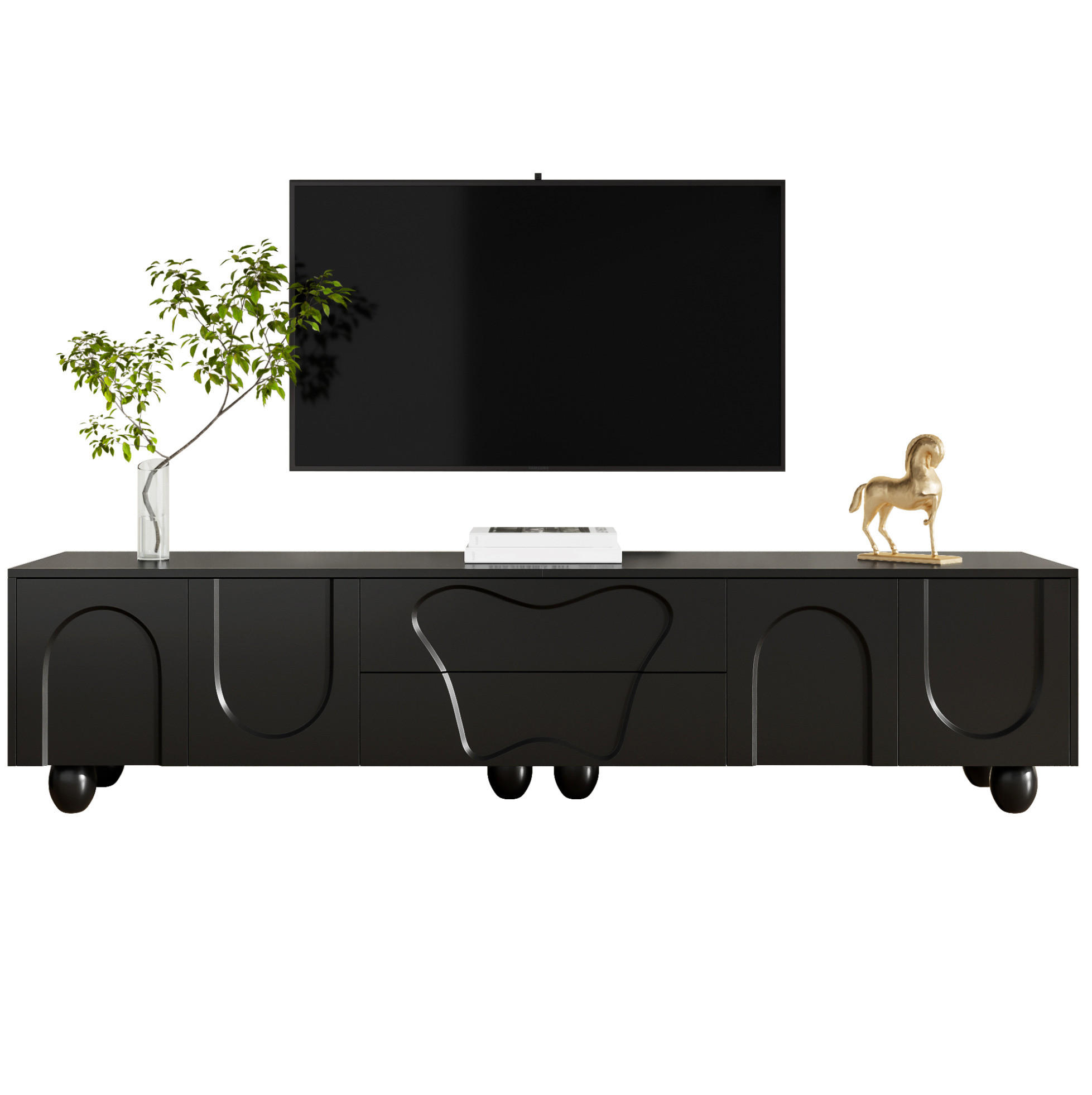 LOWBOARD 180/40/42 cm mit Türen und Schubladen in Schwarz - Schwarz, Holzwerkstoff (180/42/40cm) - BEAOK