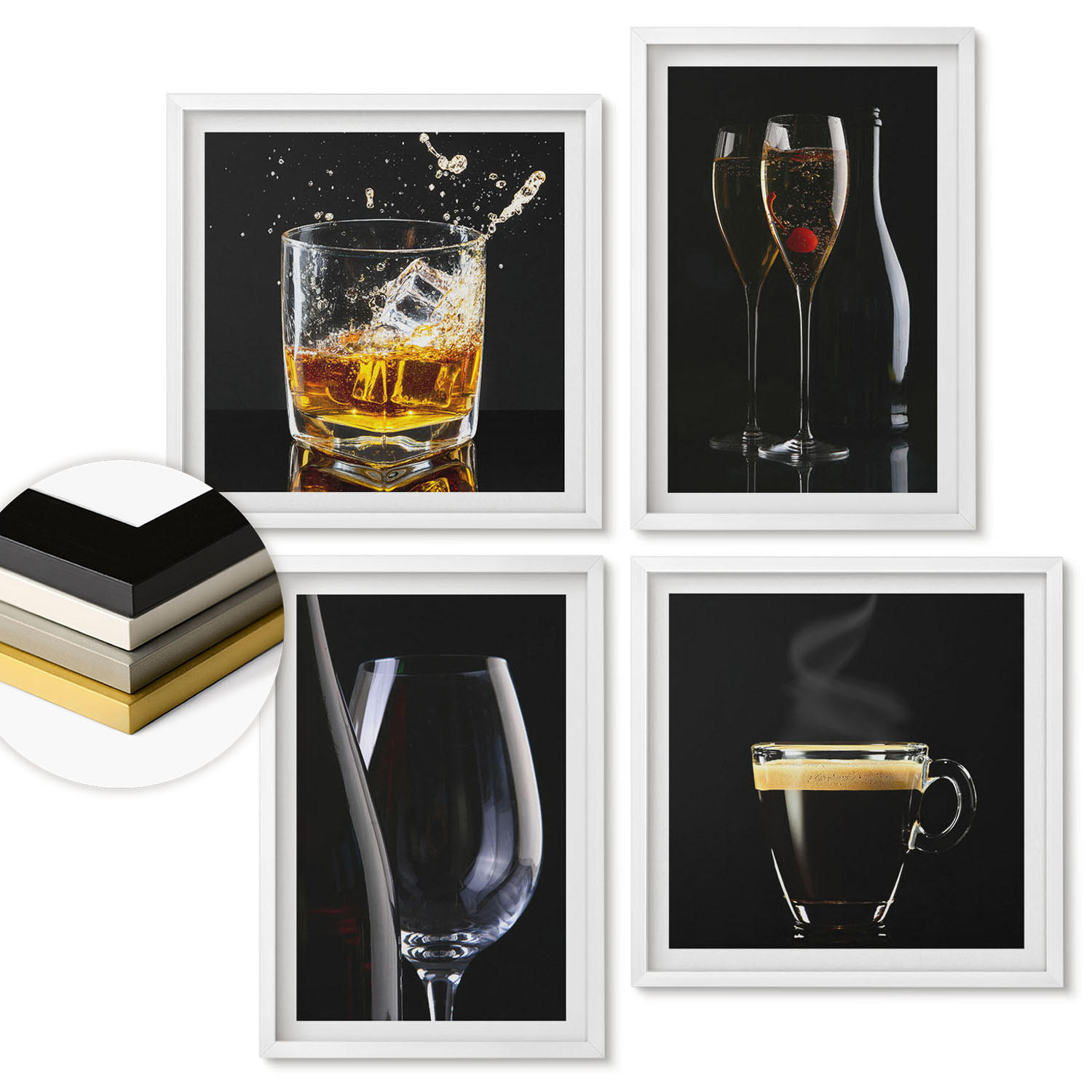 WANDBILDER 4er-Set - 50x50 cm & 40x60 cm Weißer Rahmen - Whisky, Wein, Champagner, Kaffee, Alkohol - Weiß, Kunststoff (50/50cm) - ArtPrintCave