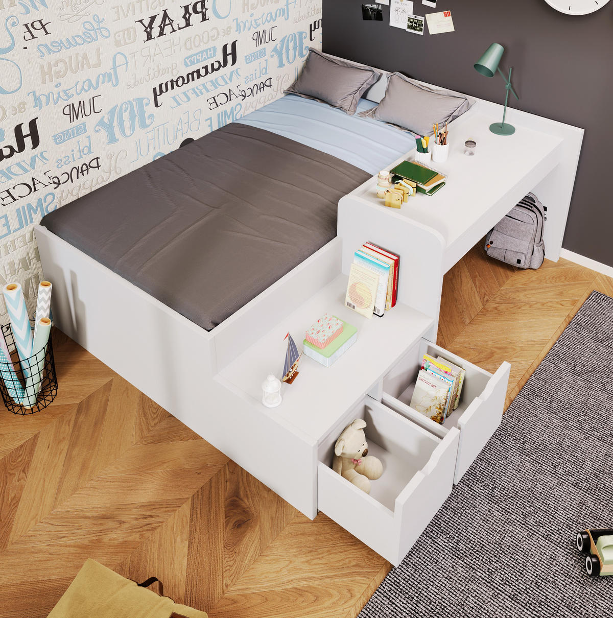 KINDERBETT 90/200 cm Weiß aus Kiefer-Massivholz und MDF mit Schreibtisch und Schubladen - Weiß, Holz (90/200cm) - OKMYHOME