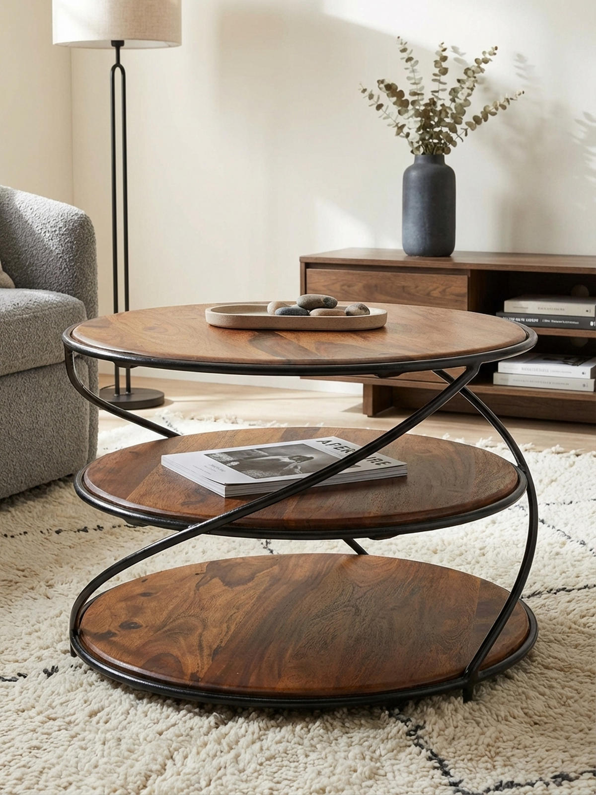 COUCHTISCH aus Sheesham-Massivholz, 58x58 cm, mit 3 Ablageflächen und außergewöhnlichem Design - Schwarz/Braun, Holz/Metall (58/58/40cm) - KADIMA DESIGN