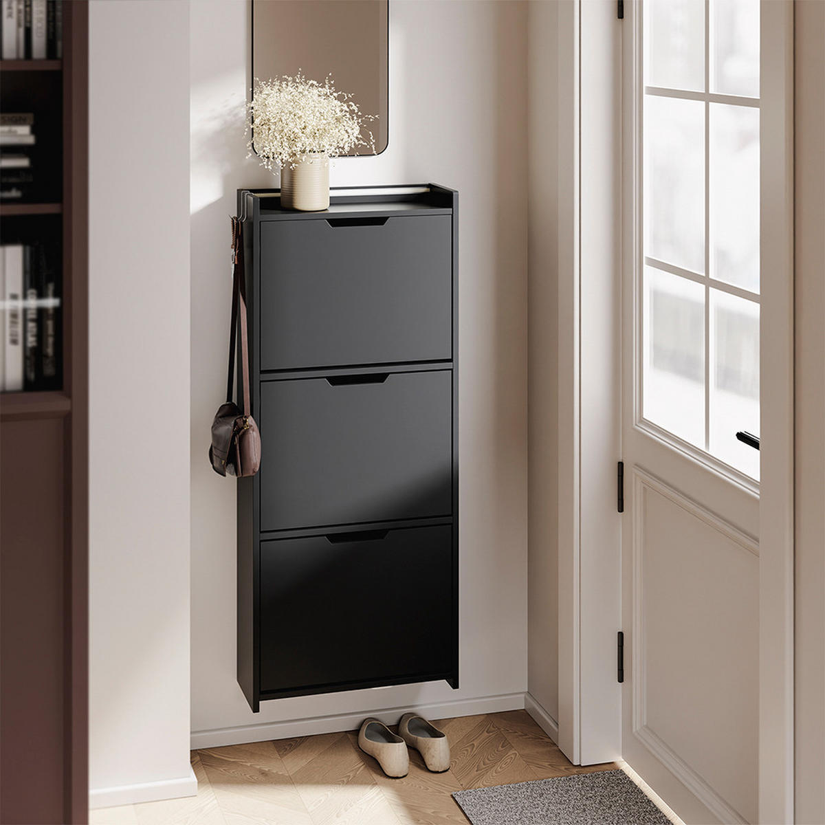 SCHUHSCHRANK 3 Türen Schwarz 50x19x131cm Modern - Schwarz, Holzwerkstoff (19/131/50cm) - SoBuy