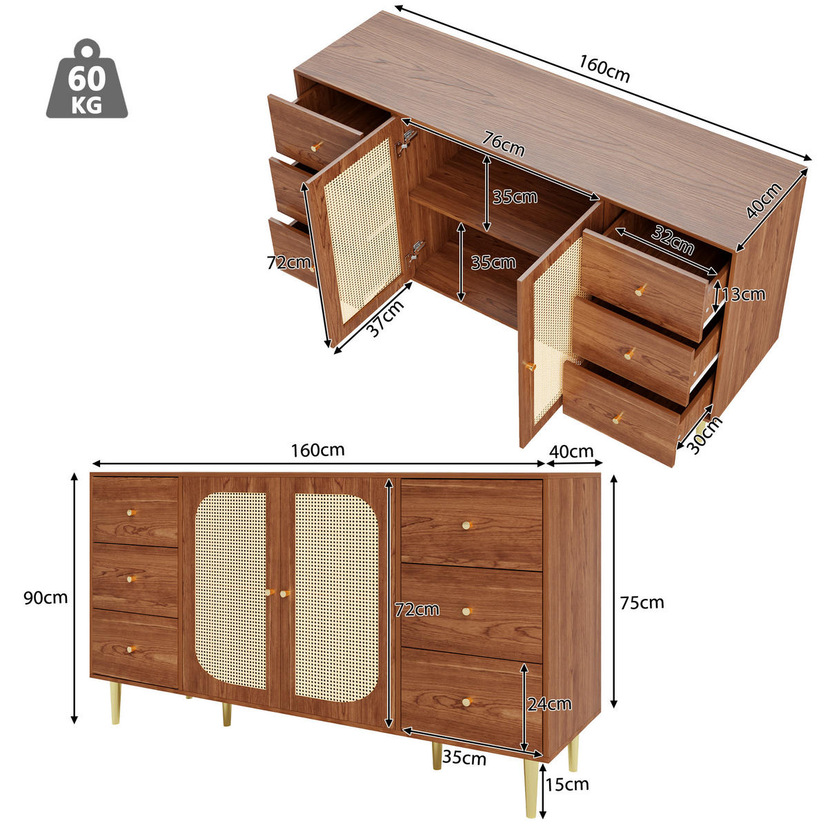 KOMMODE aus MDF 160x40x90cm in Naturfarben mit Rattantüren - Naturfarben, Holzwerkstoff (160/90/40cm) - Modfu