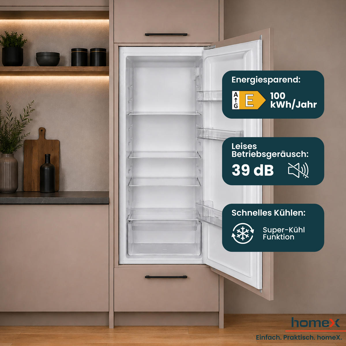 KÜHLSCHRANK Einbau, ohne Gefrierfach, 122cm Nische, 199 Liter, Schlepptürtechnik, 39 dB, CB1991E - Weiß, Glas/Kunststoff (54/123/54cm) - homeX