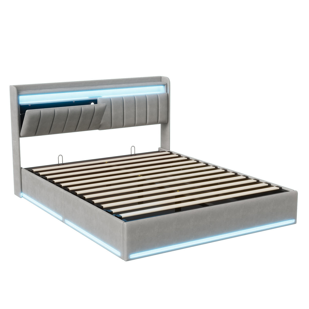 DOPPELBETT 160x200 cm mit Stauraum, LED & USB, gepolstert, Velours, grau - Grau, Metall (160/200cm)