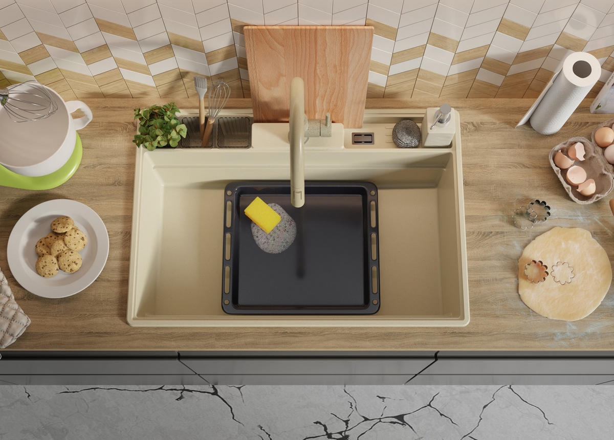 SPÜLBECKEN New York, 2-er set Beige 78/53 cm 1 Becken + Ablauf-Set + Küchenzubehörset ab 80er Unterschrank - Chromfarben/Beige, Kunststoff (78/20/53cm) - Primagran