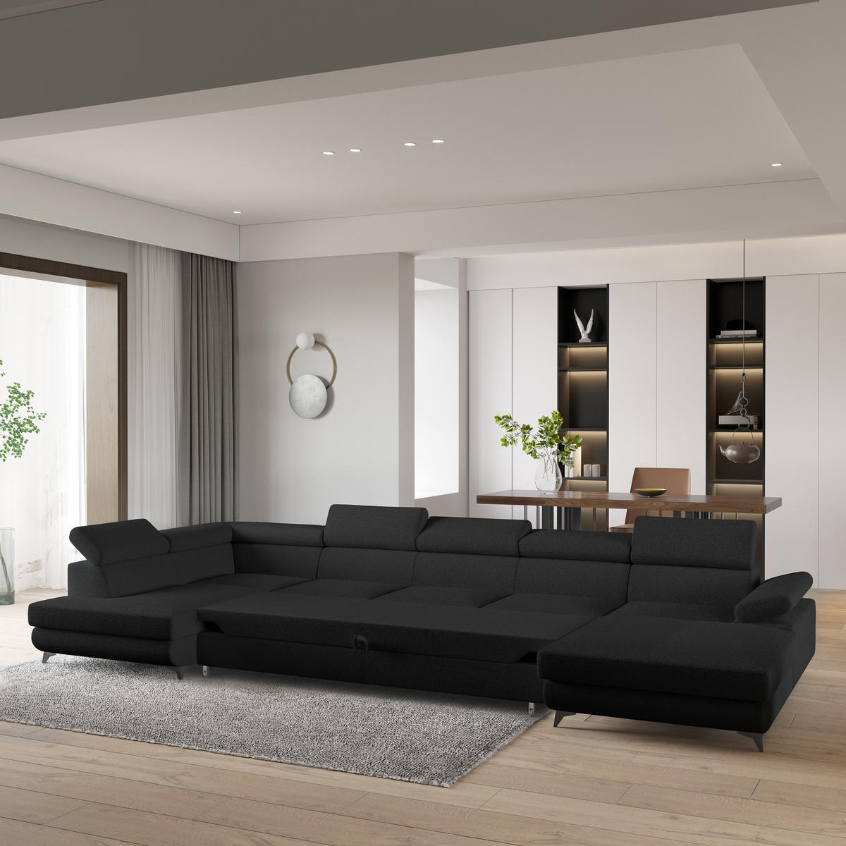 WOHNLANDSCHAFT MONTIVA Schwarz Boucle-Stoff mit Schlaffunktion - Schwarz, Holz (410/89/190cm) - MASSENO