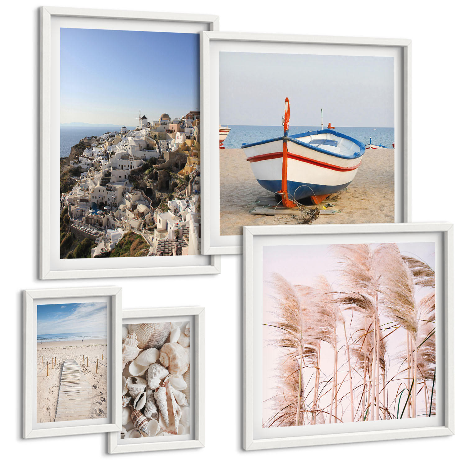 BILDER SET 5er Set - 50x50 cm & 20x30 cm & 40x60 cm Weißer Rahmen - Japanische Berglandschaften - Weiß, Kunststoff (40/60cm) - TULUP