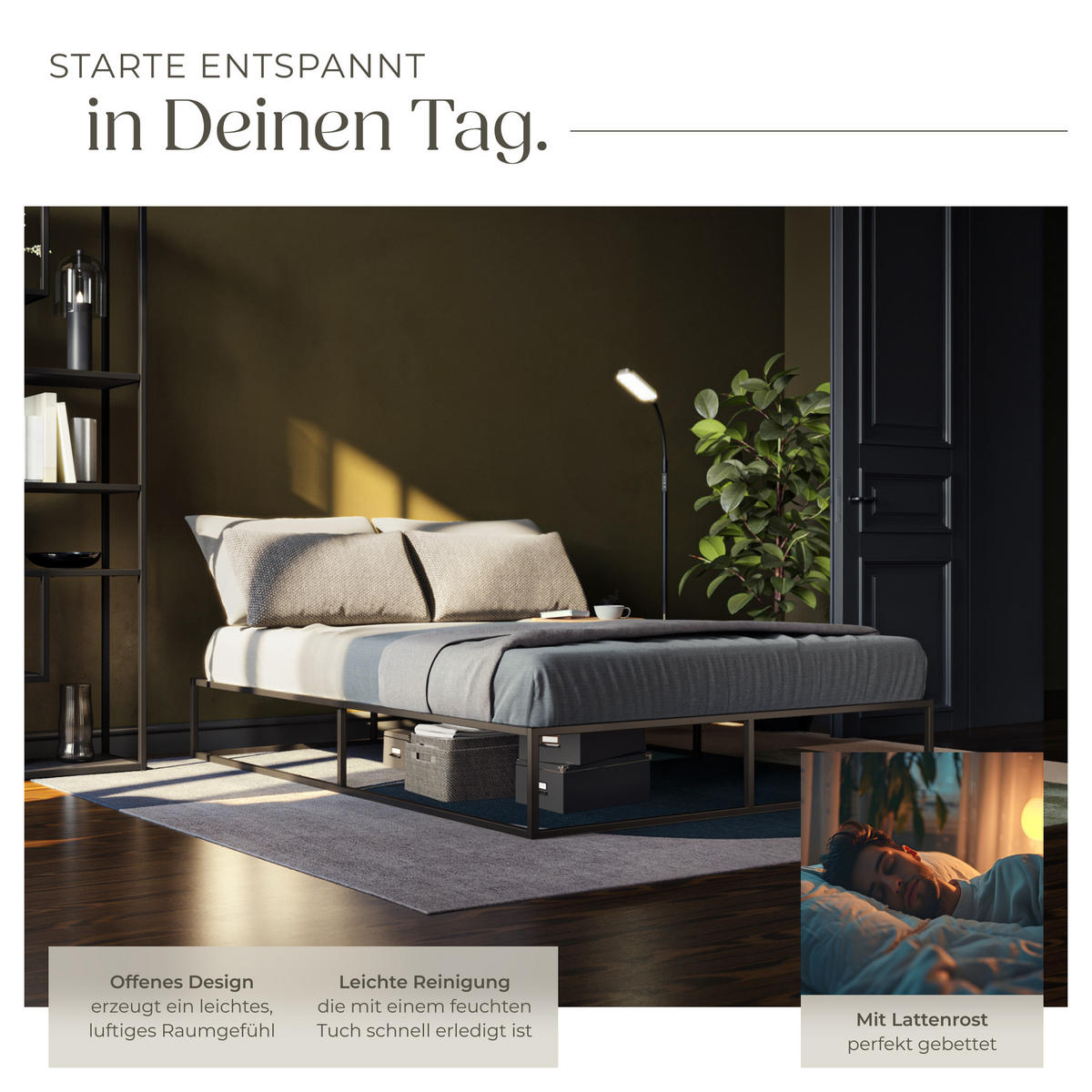 BETT Kyoto,Belastbarkeit 250 kg, bodenschonende Kunststoffkappen,schwarz - Schwarz, Metall - tectake