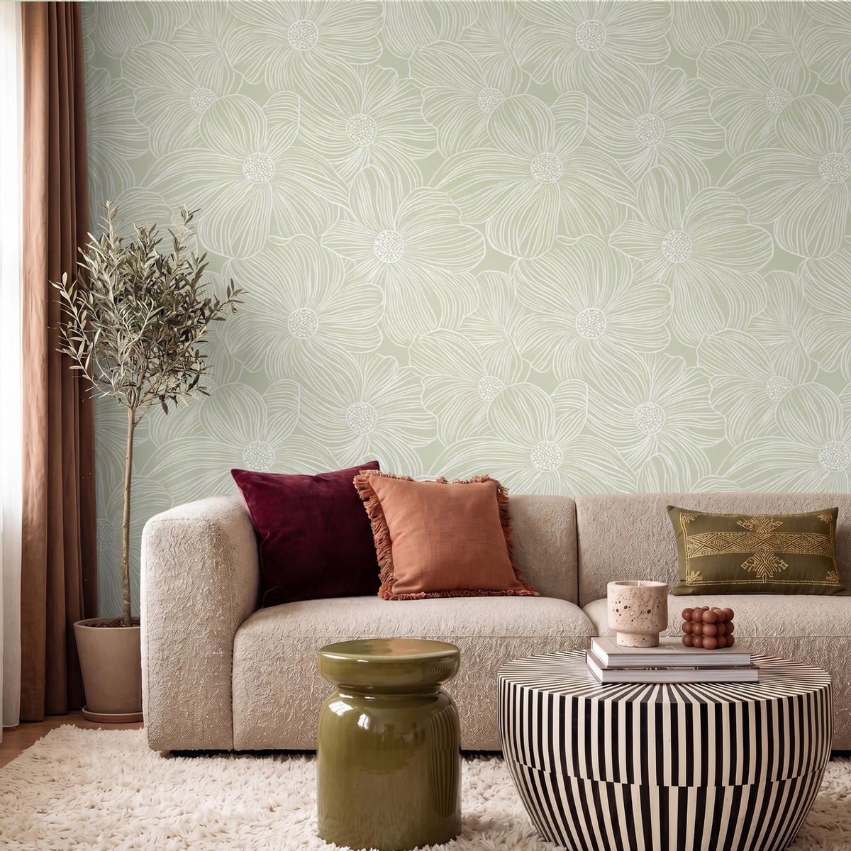 TAPETE - Gelassenheit - Blumen - Grün - 240x200 cm - Salbeigrün, Papier (240/200cm) - OnlyWow