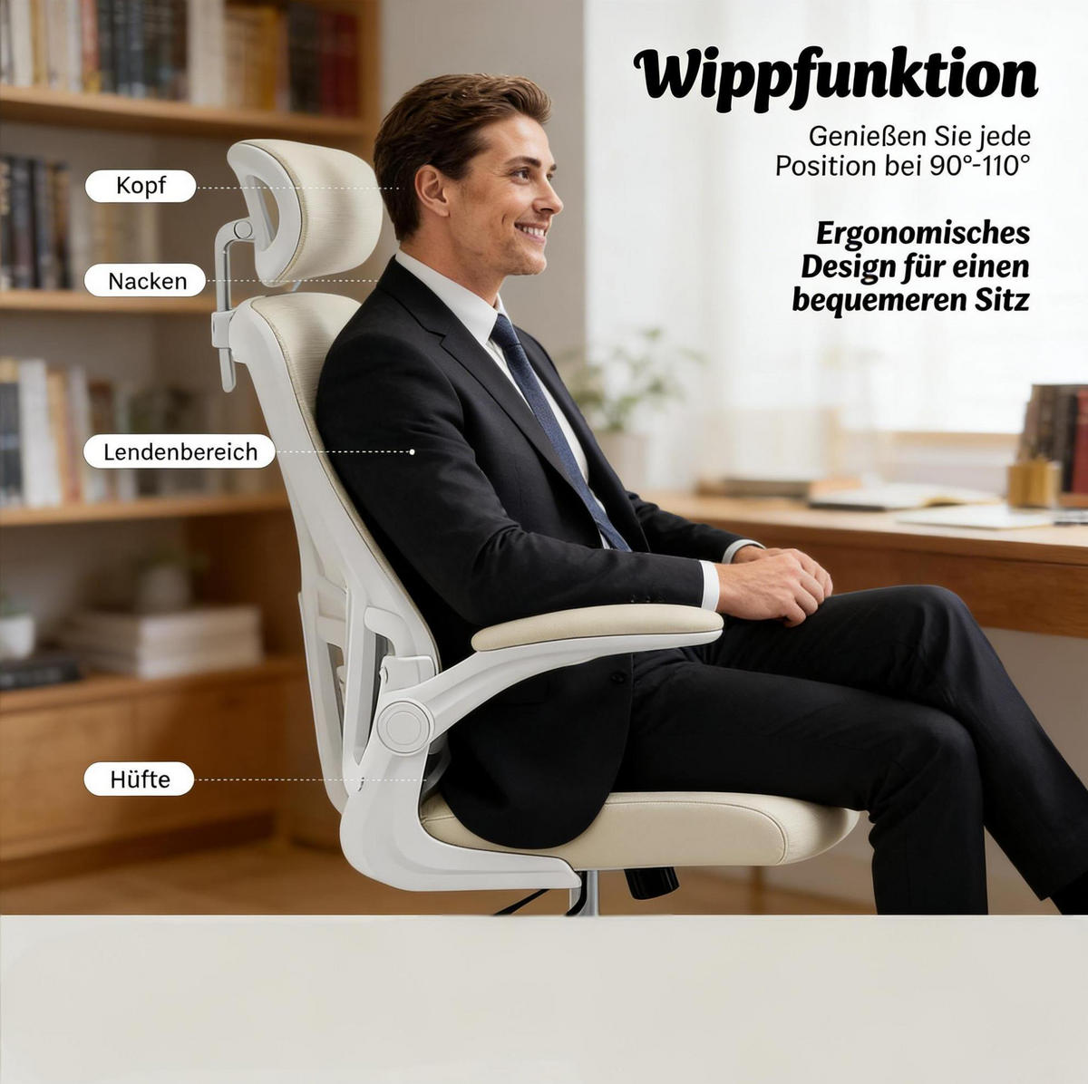 BÜROSTUHL ergonomisch höhenverstellbar Beige mit Rädern - Beige, Metall (62/123.5/67.5cm) - Meubliv