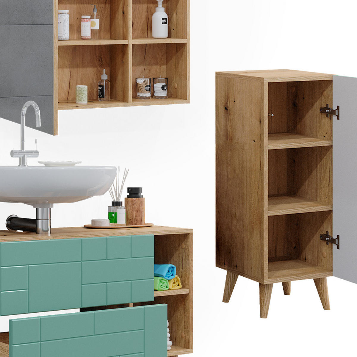 BADMÖBEL-SET Rudi Mintgrün 3 Teile - Eichefarben/Mintgrün, Holzwerkstoff (90/59/32cm) - Vicco