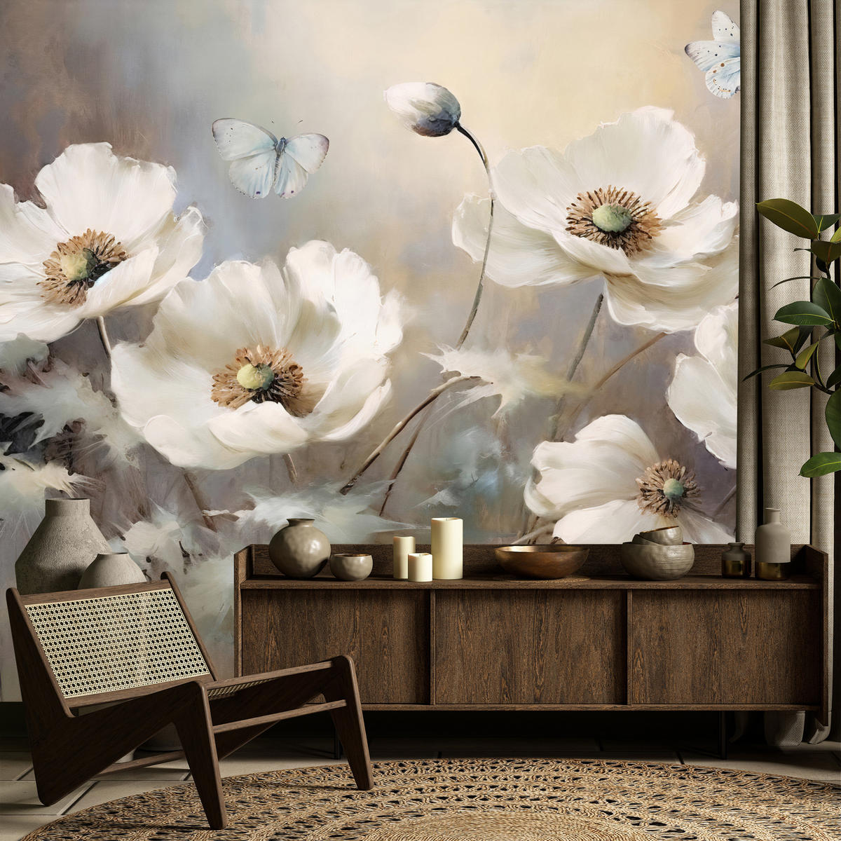 FOTOTAPETE für Schlafzimmer Abstrakte Weiße Mohnblumen Schmetterlinge Aquarell 300x210 - Beige/Braun, Papier (300/210cm) - Muralo