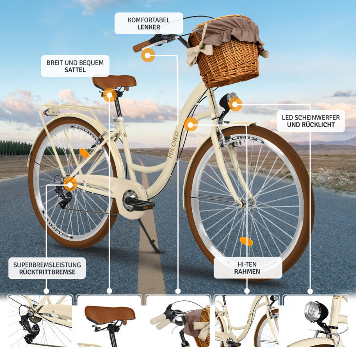 CITY-FAHRRAD Milord mit Weidenkorb, 28 Zoll, Braun-Creme, 7-Gang - Creme/Braun, Metall (46cm) - Milordbikes