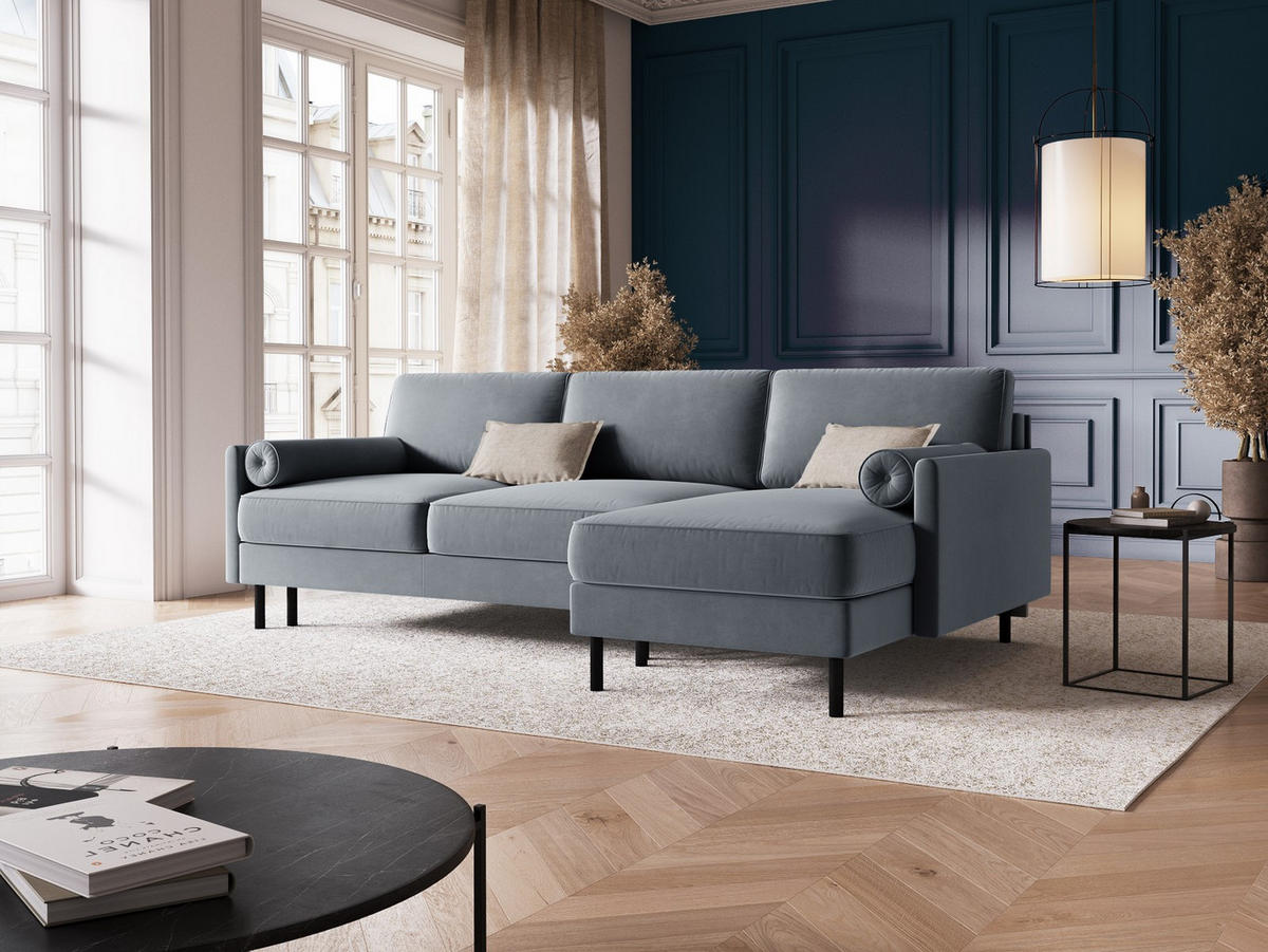 AUSKLAPPBARES-ECKSOFA rechts mit Container Scott aus Samt hellblau 5 Sitzplätze - Hellblau, Textil (142/212cm) - Micadoni