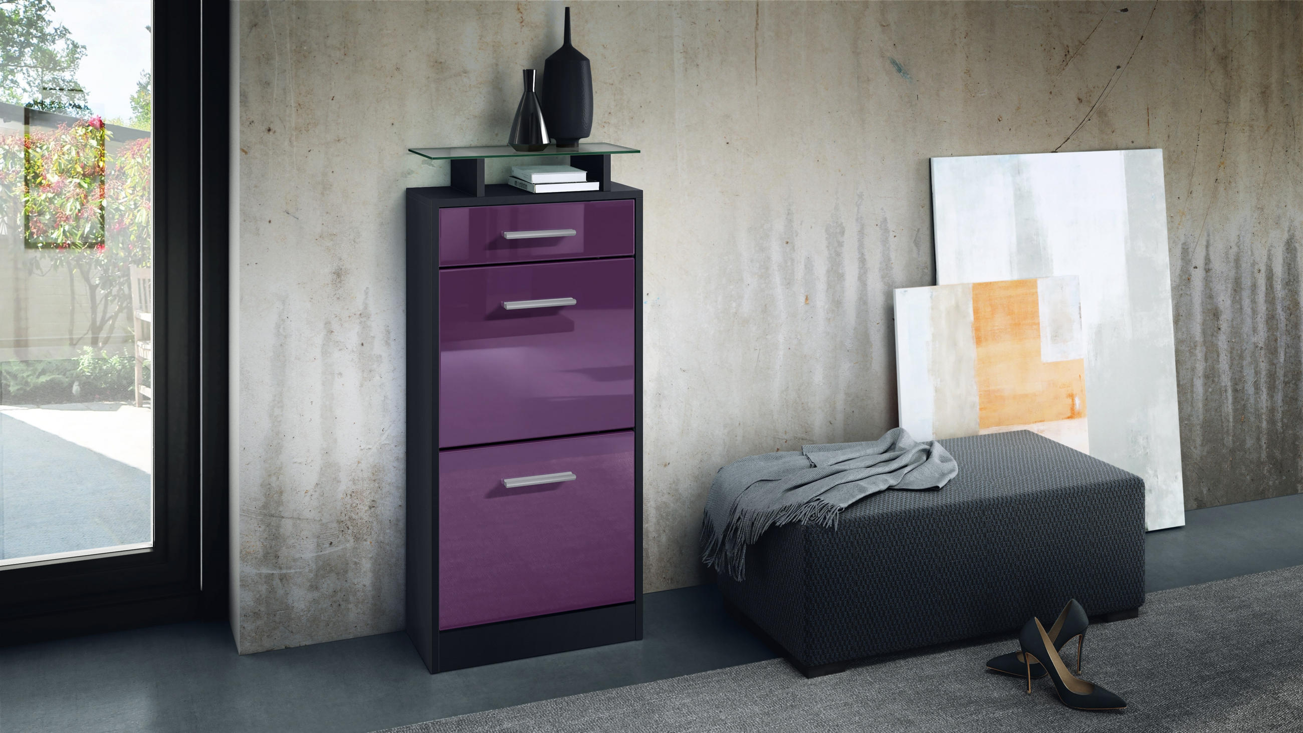 SCHUHSCHRANK Loret Front in Brombeer Hochglanz - Brombeere, Holzwerkstoff (46/104/23cm) - Vladon