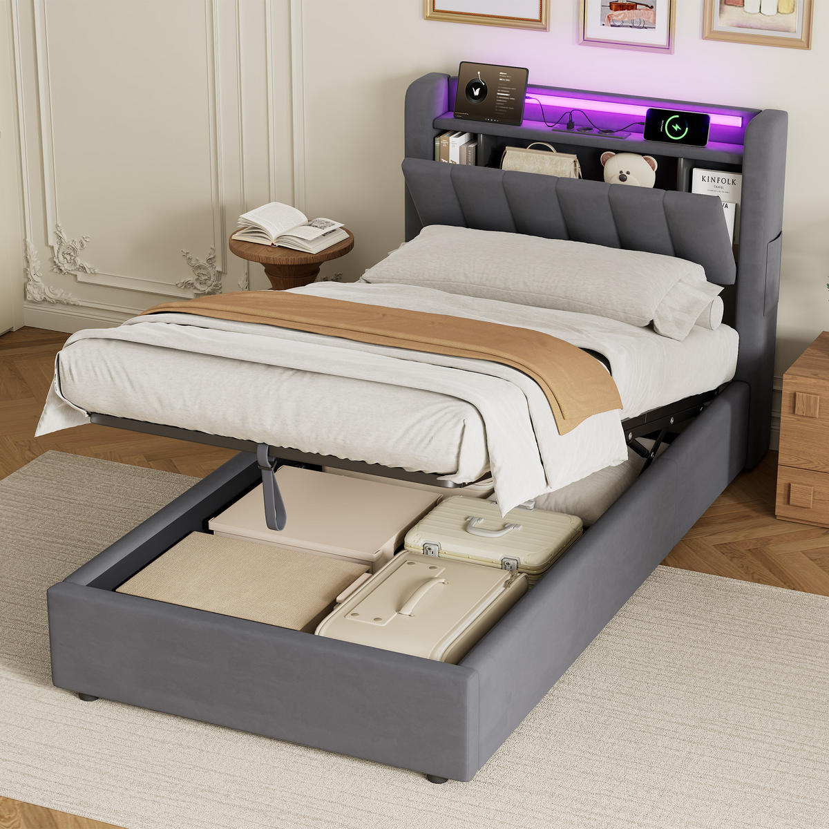 POLSTERBETT 90/190 cm in Grau, mit Bettkasten, Stauraum, USB und LED Beleuchtung, ohne Matratze - Grau, Holzwerkstoff/Textil (90/190cm) - WISHDOR