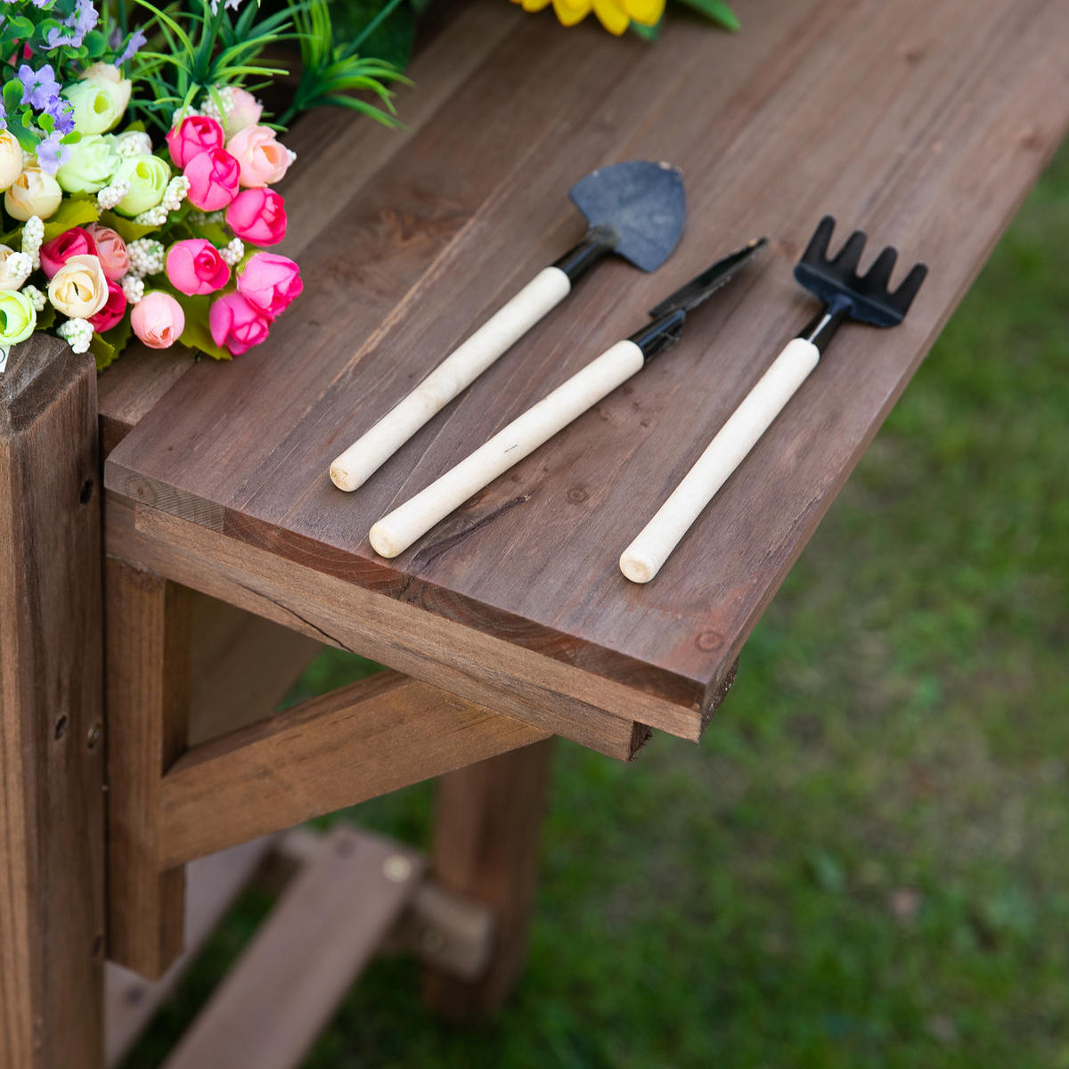 HOCHBEET Pflanzkasten mit 8 geteilten Gittern, faltbare Ablage, Massivholz, Braun - Braun, Holz (54/74/123cm) - Outsunny
