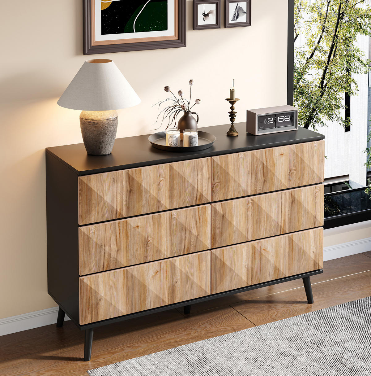 SIDEBOARD 120/40/85 cm in Schwarz/Natur mit 6 Schubladen und Metallgestell - Naturfarben, Holzwerkstoff (40/85/120cm) - Flora Grace