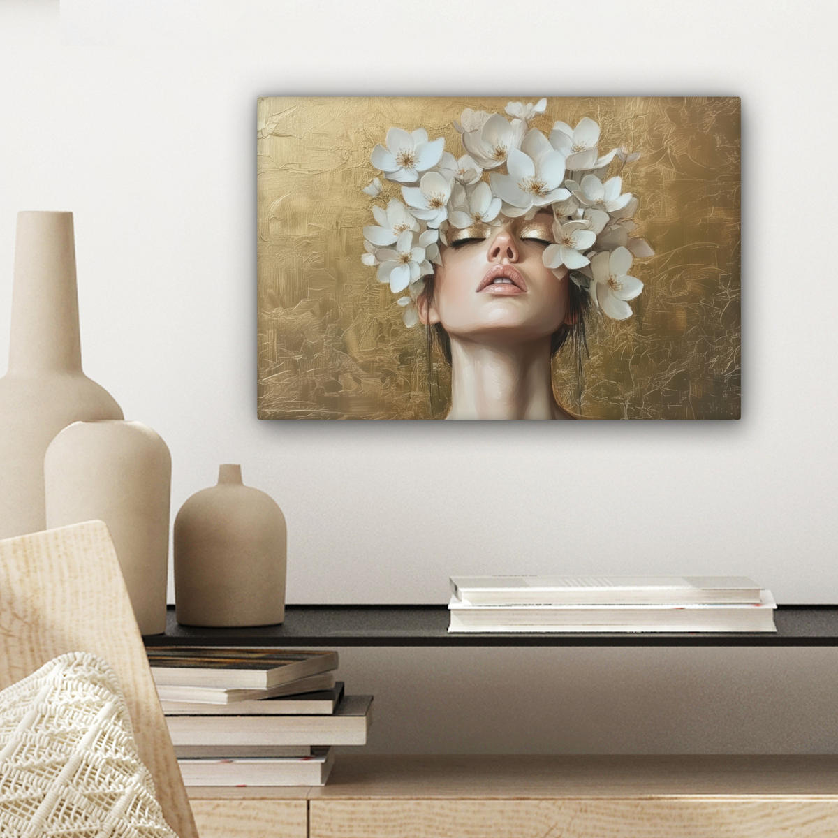 LEINWANDBILD Gesicht - Blumen - Gold - Abstrakt Deko Schlafzimmer 30x20 cm - Goldfarben, Textil (30/20cm) - MuchoWow