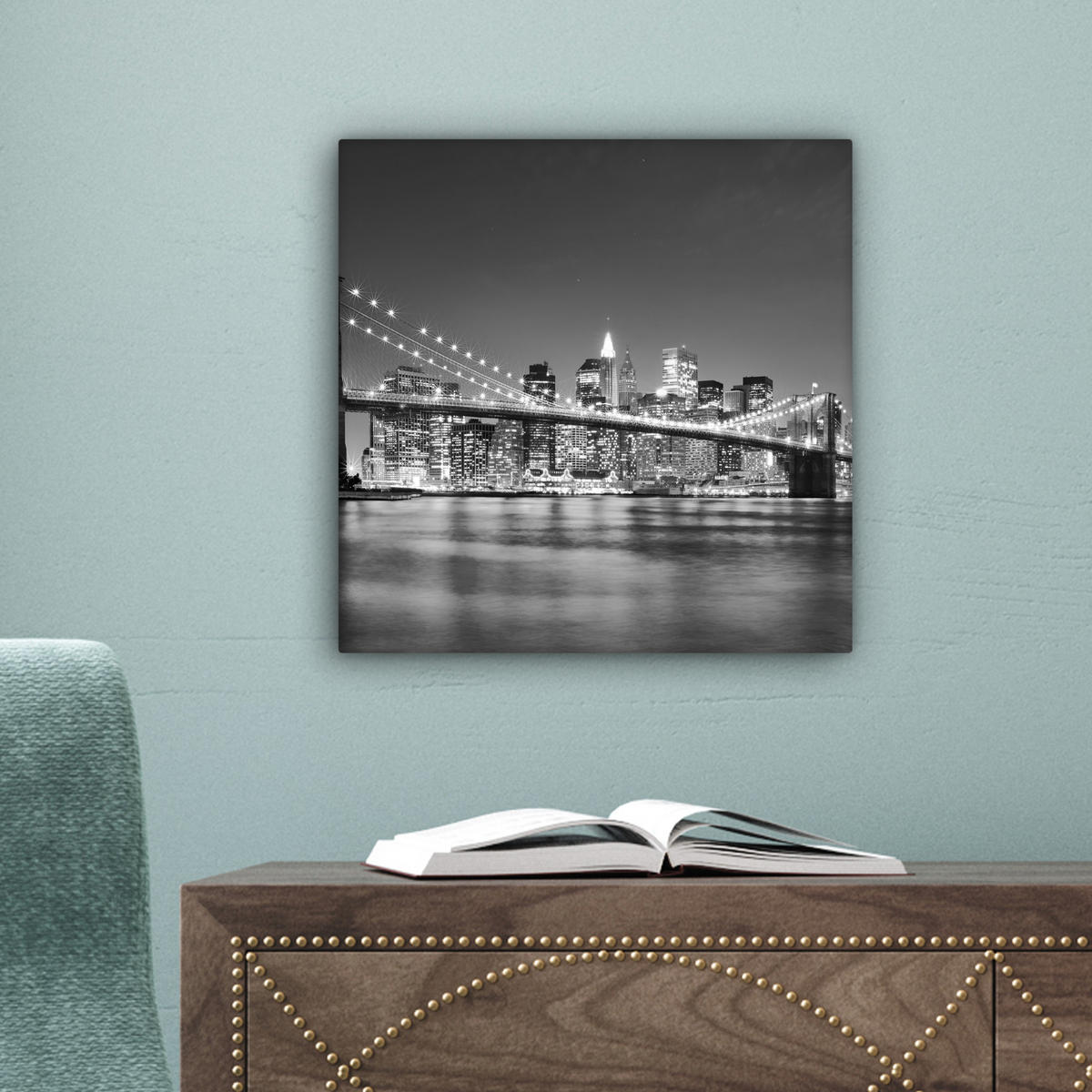 LEINWANDBILD - New York - Brücke - Brooklyn - Schwarz und weiß - Architektur - 20x20 - Wandbilder - Schwarz, Textil (20/20cm) - MuchoWow